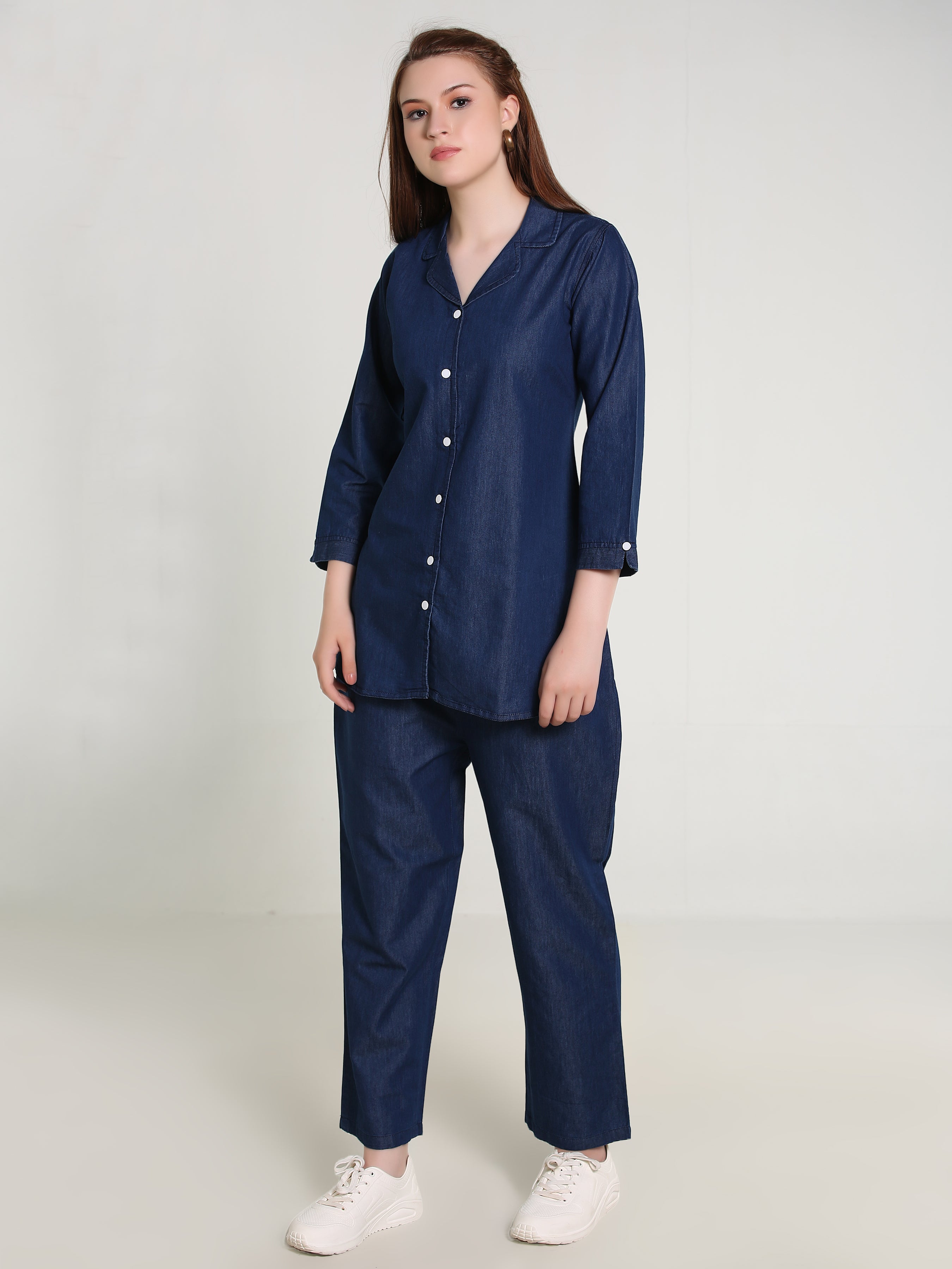 Denim Solid Coat Collar Co-ord Set