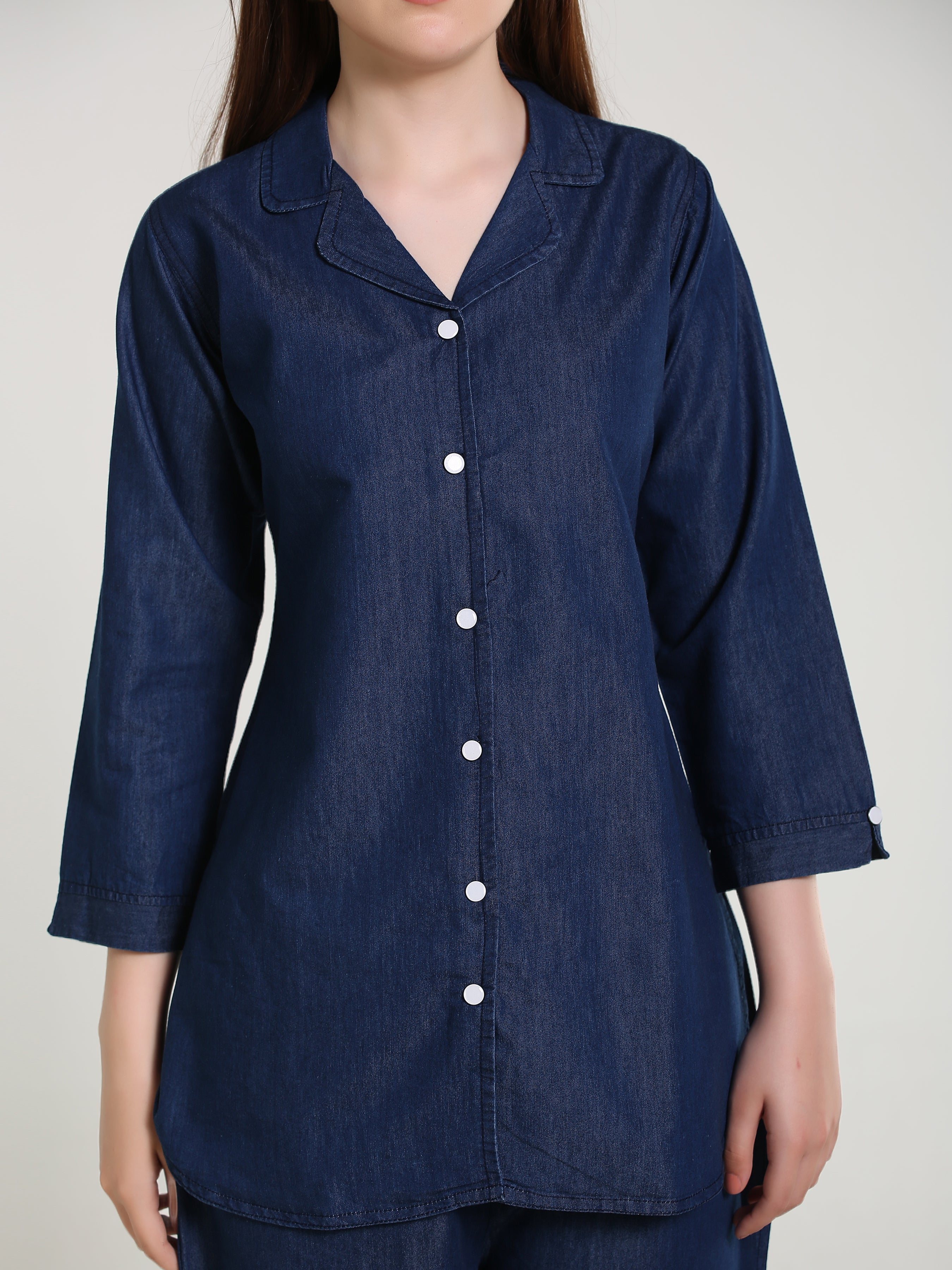 Denim Solid Coat Collar Co-ord Set