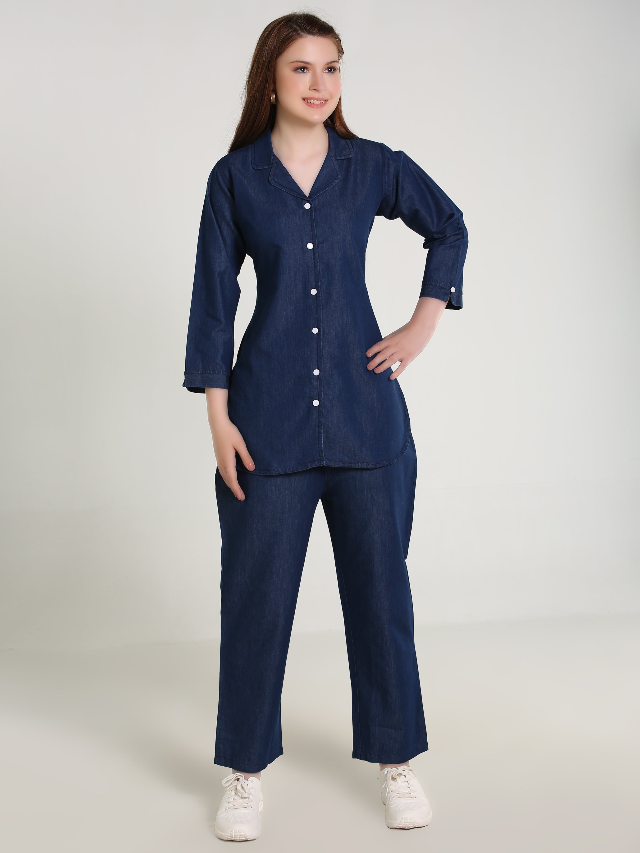 Denim Solid Coat Collar Co-ord Set