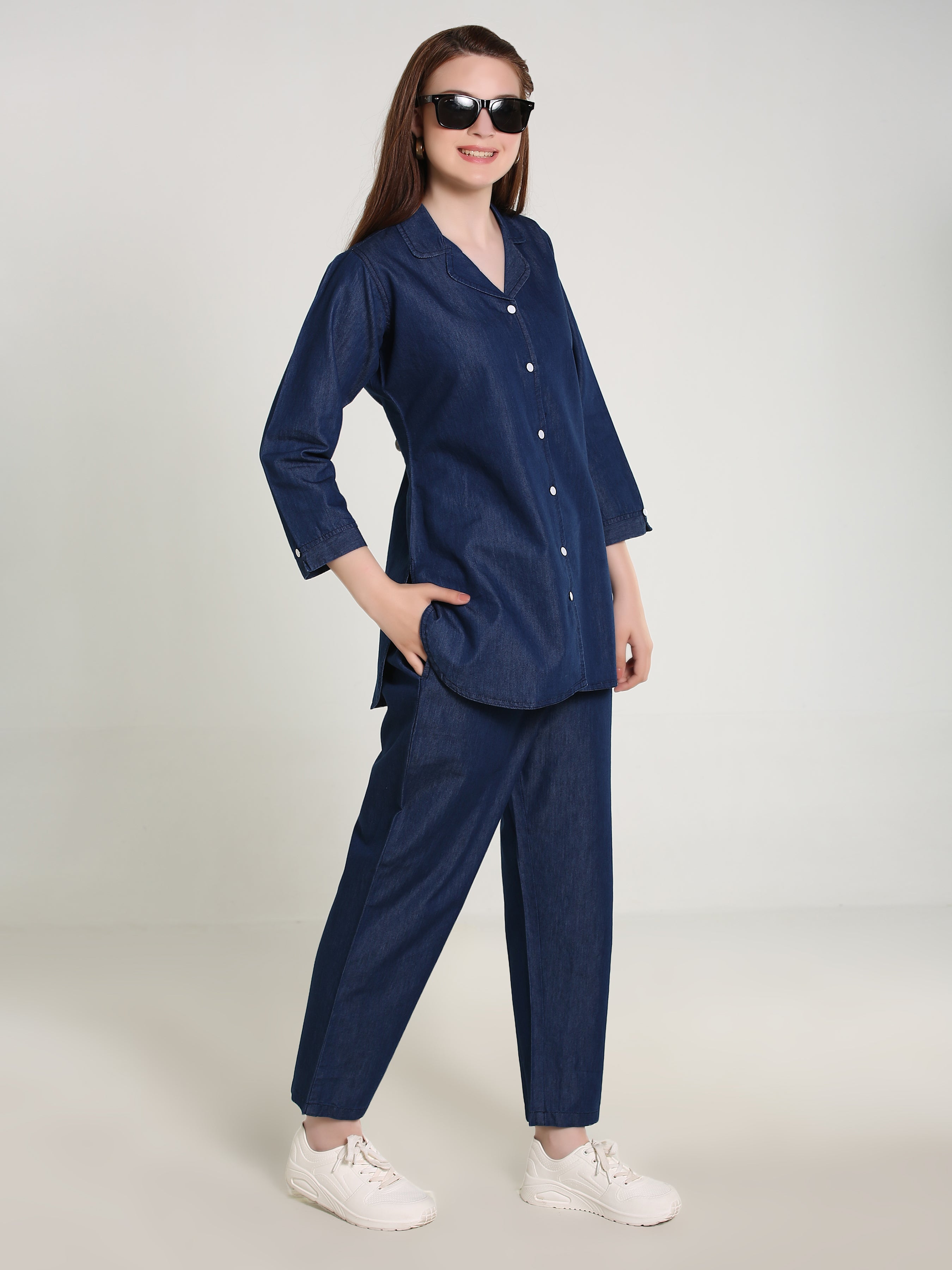 Denim Solid Coat Collar Co-ord Set