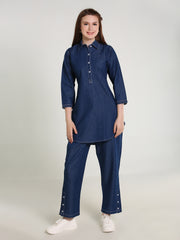 Denim Solid White Stitched Cords Set