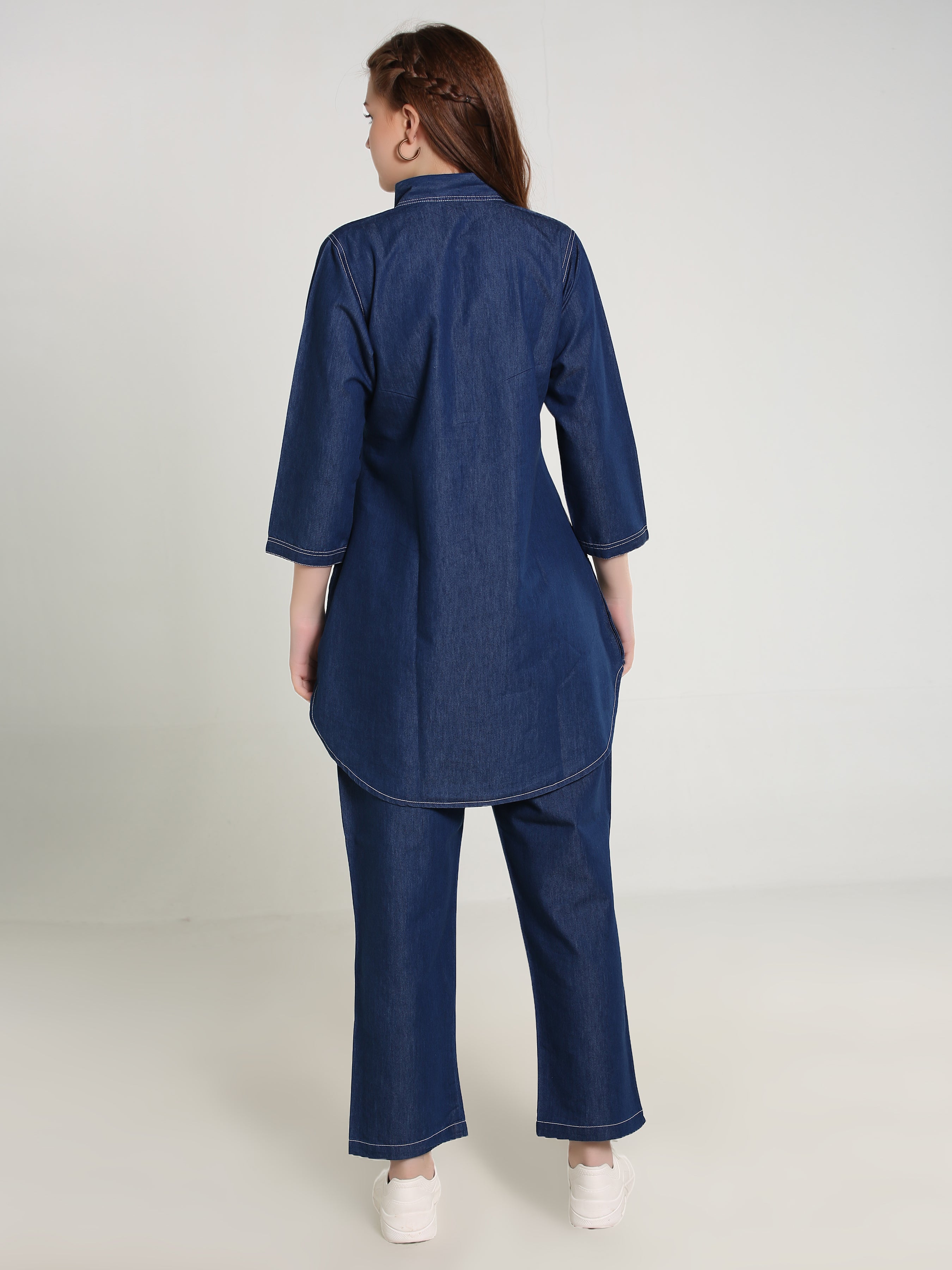 Denim Solid White Stitched Co-ord Set