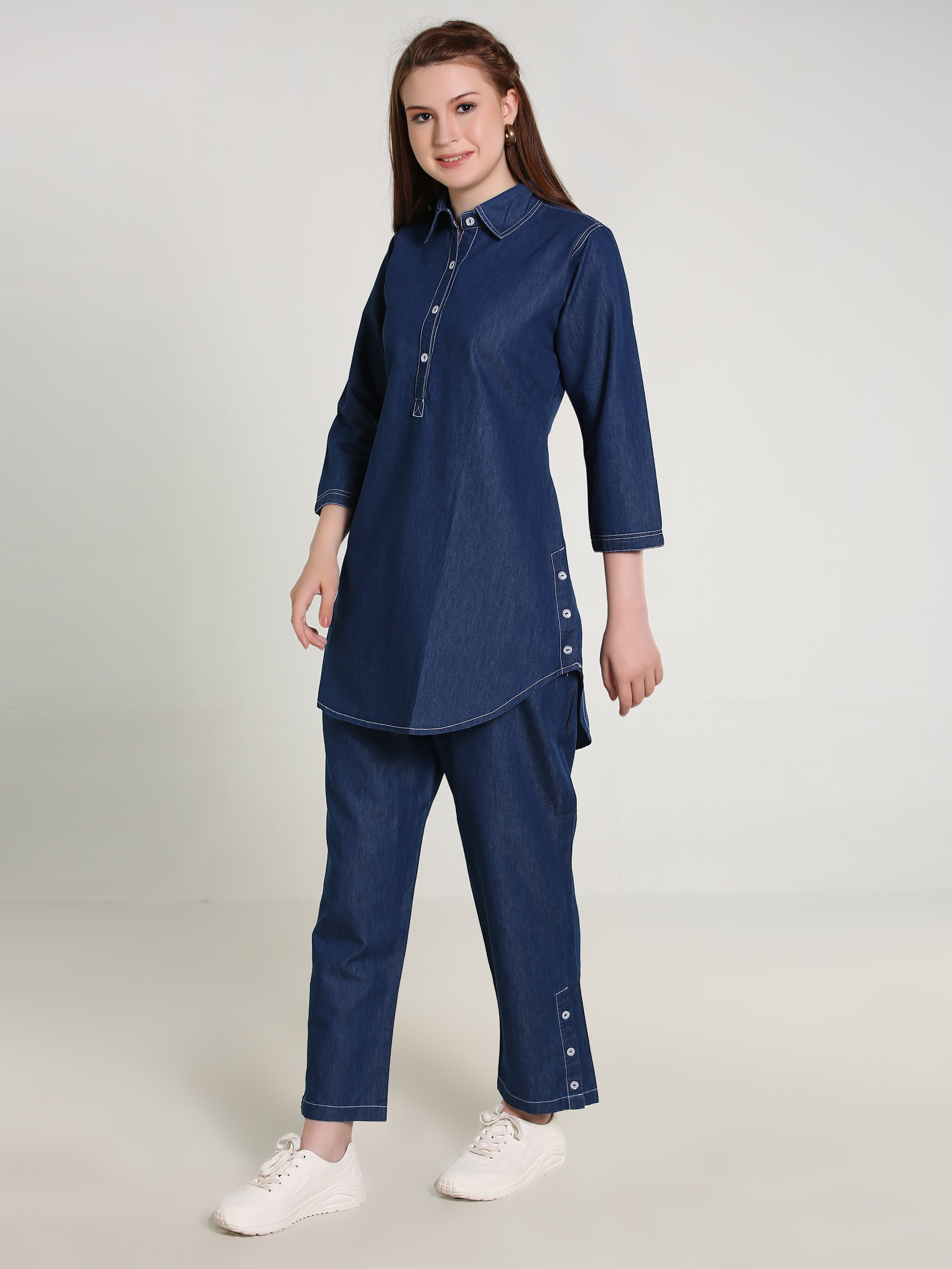 Denim Solid White Stitched Co-ord Set