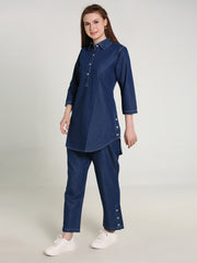 Denim Solid White Stitched Co-ord Set