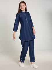 Denim Solid White Stitched Co-ord Set