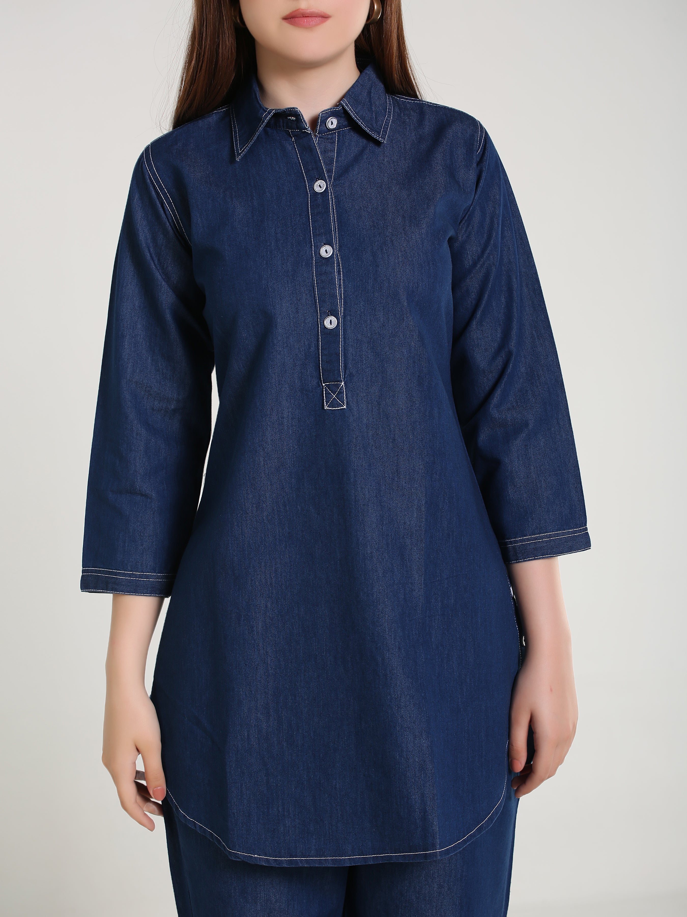 Denim Solid White Stitched Co-ord Set
