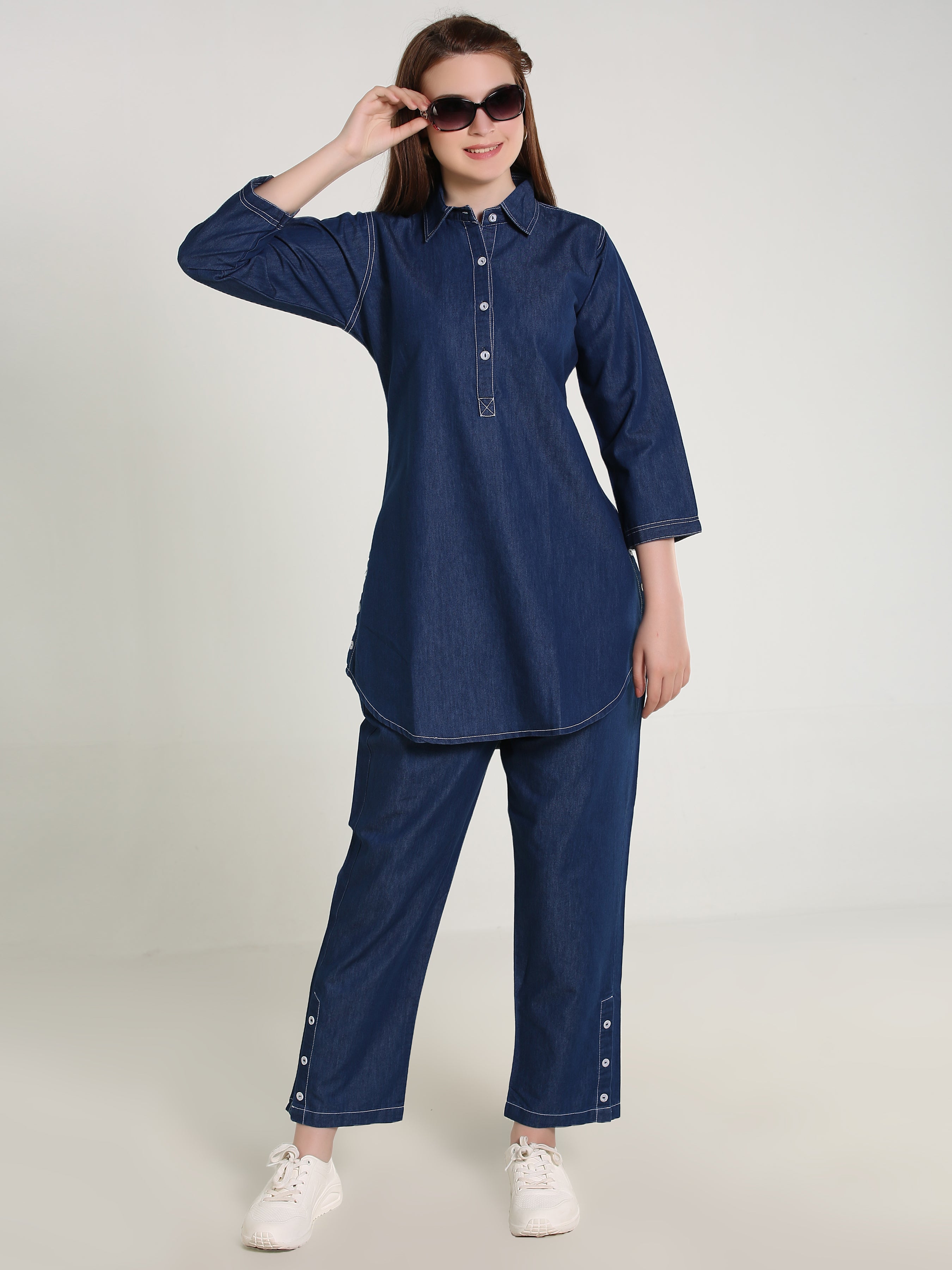 Denim Solid White Stitched Co-ord Set