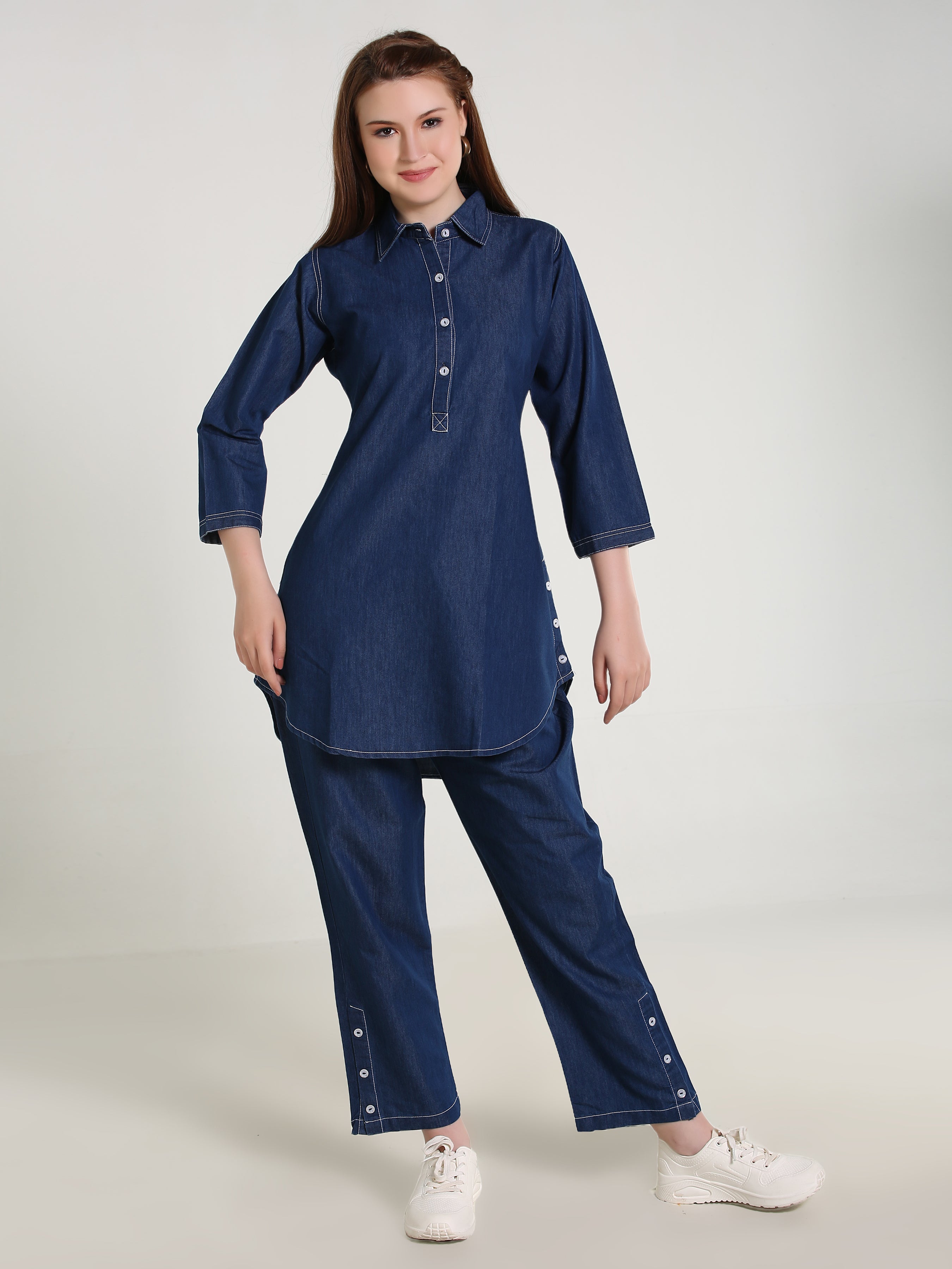 Denim Solid White Stitched Co-ord Set