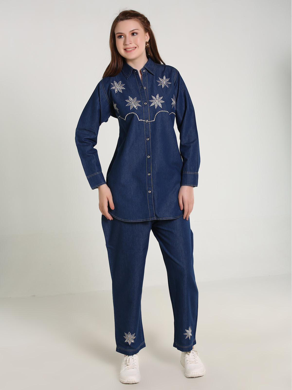Denim Embroidered Phone Colour Stitched Cord-Set