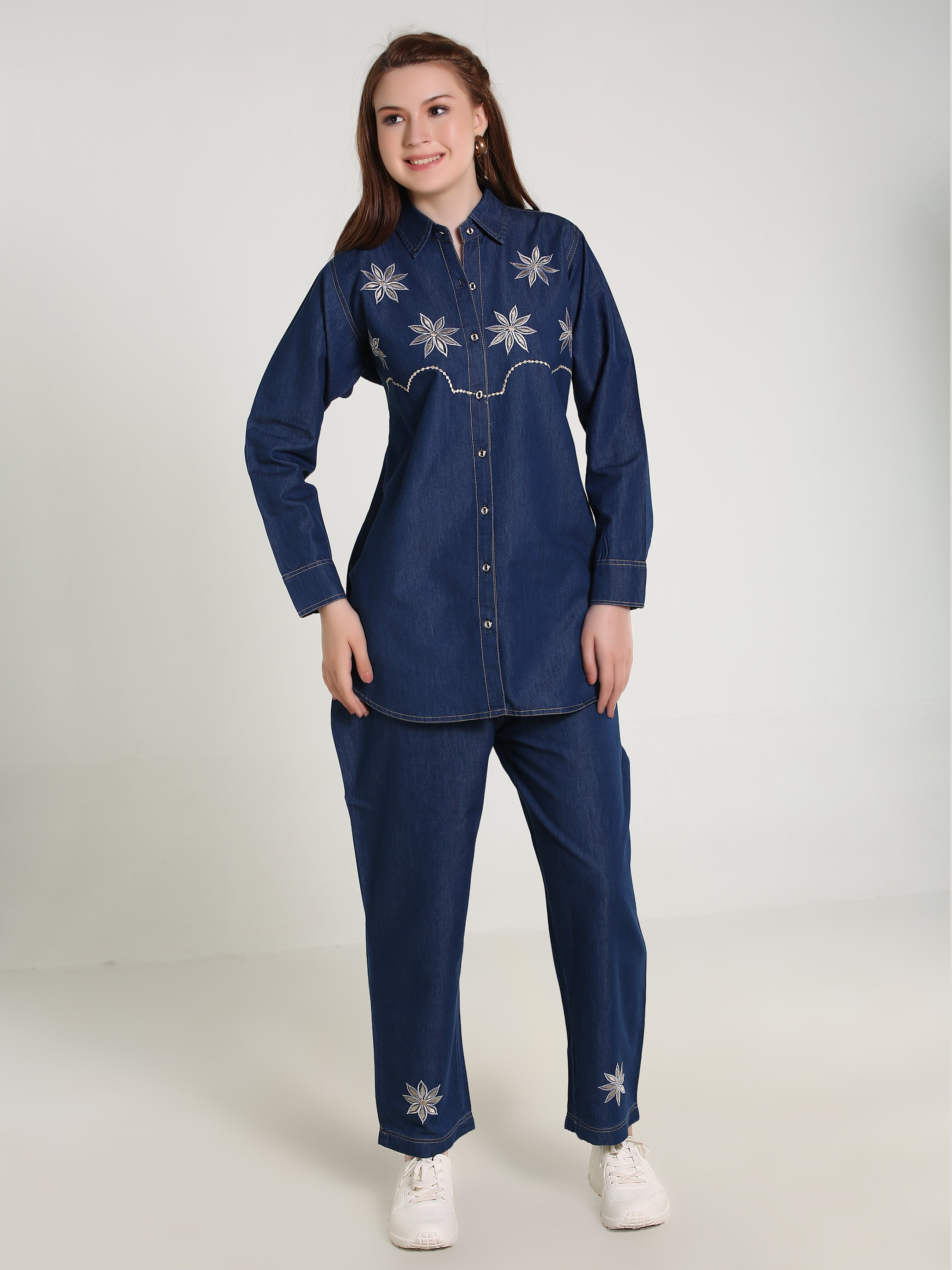 Denim Embroidered Phone Colour Stitched Co-ord Set