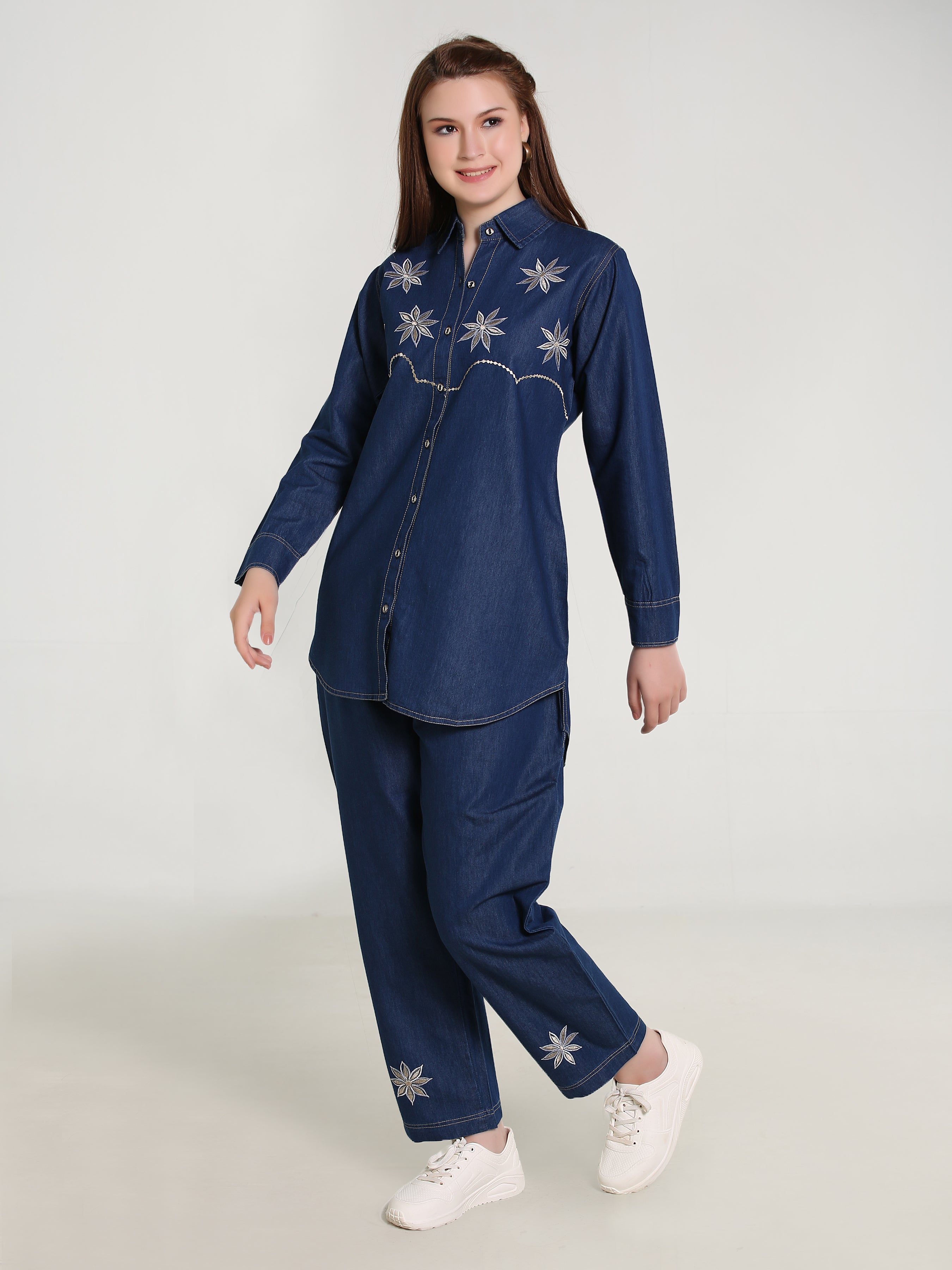 Denim Embroidered Phone Colour Stitched Co-ord Set
