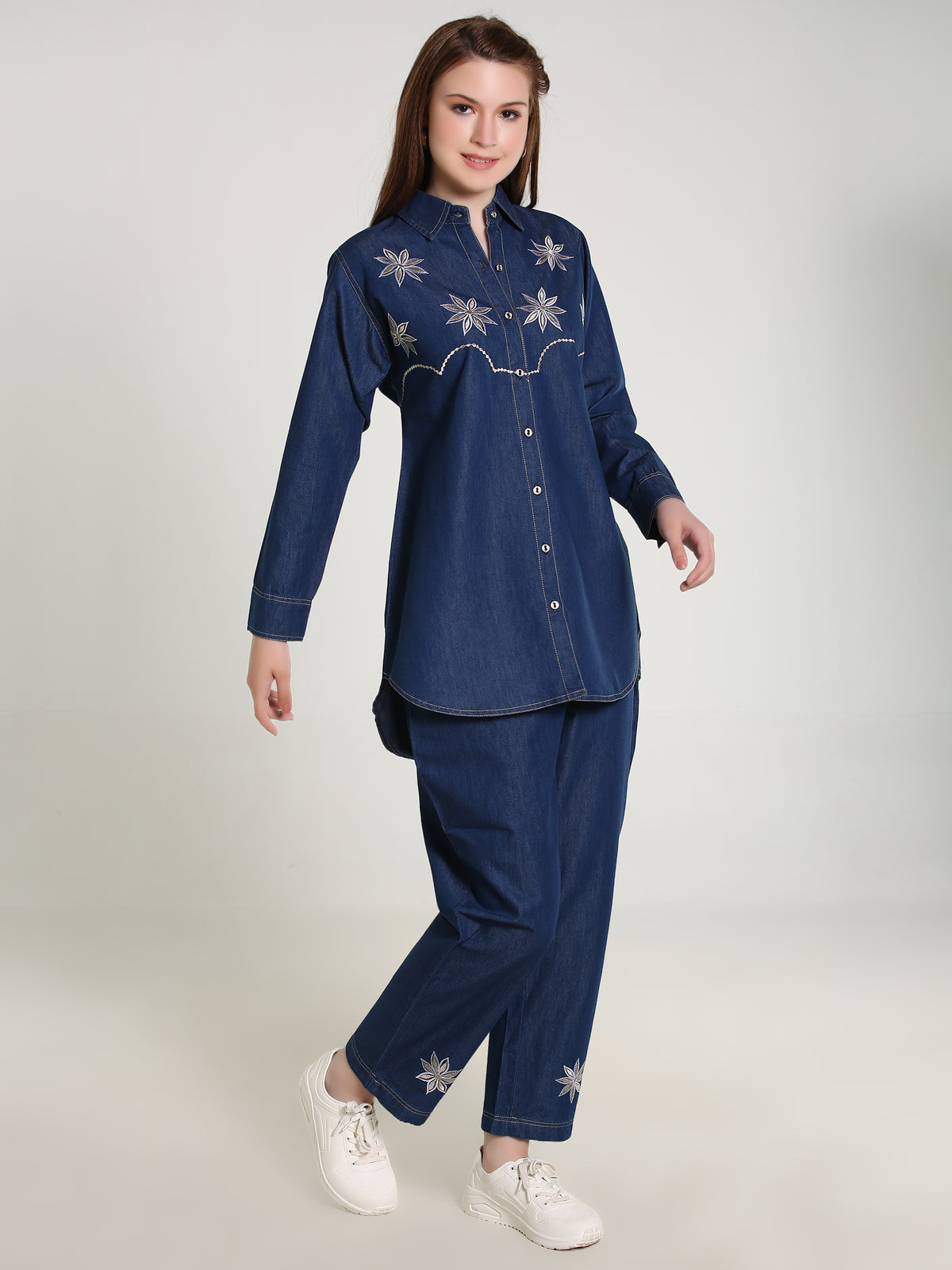 Denim Embroidered Phone Colour Stitched Co-ord Set