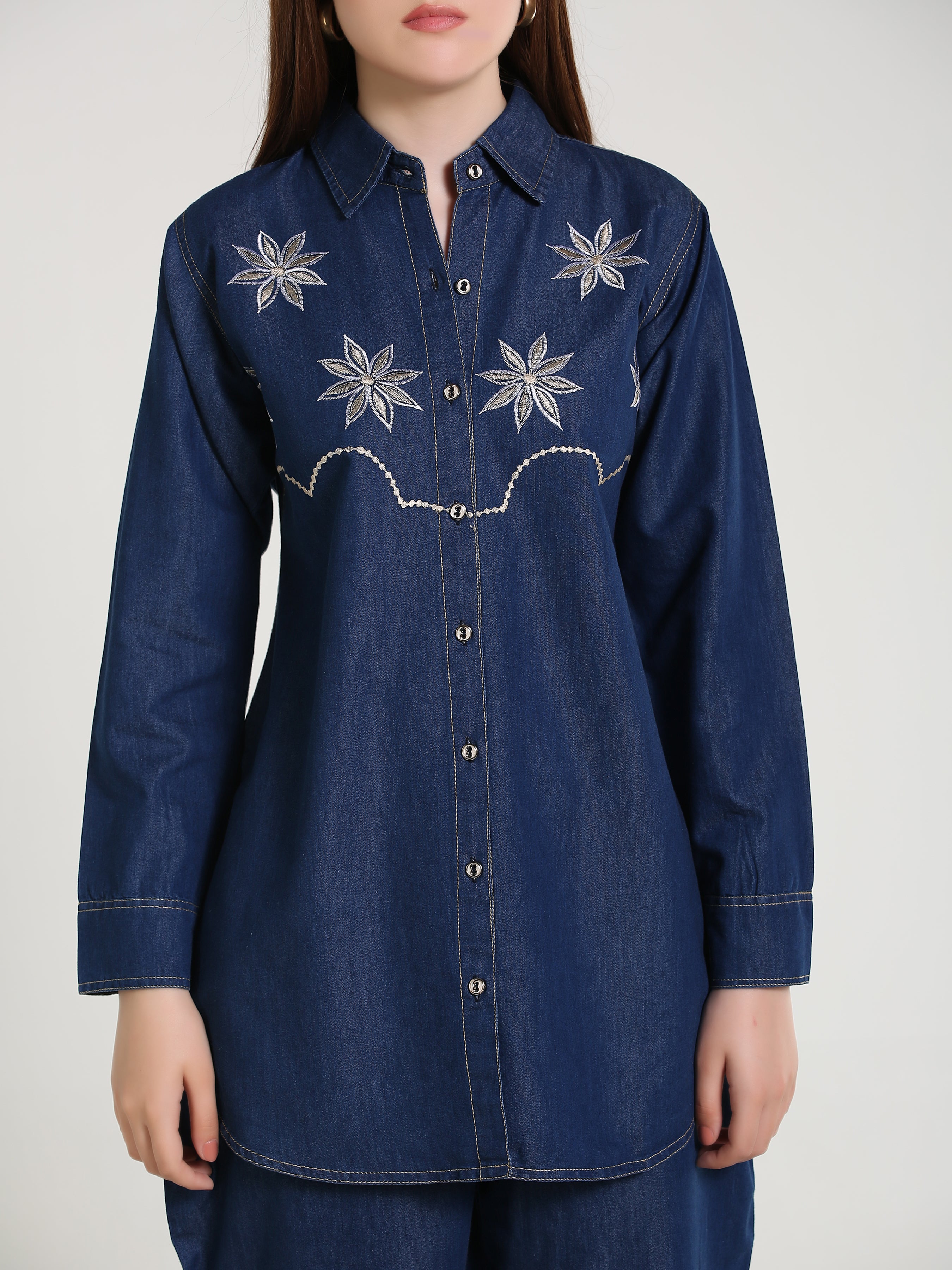 Denim Embroidered Phone Colour Stitched Co-ord Set