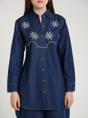 Denim Embroidered Phone Colour Stitched Co-ord Set