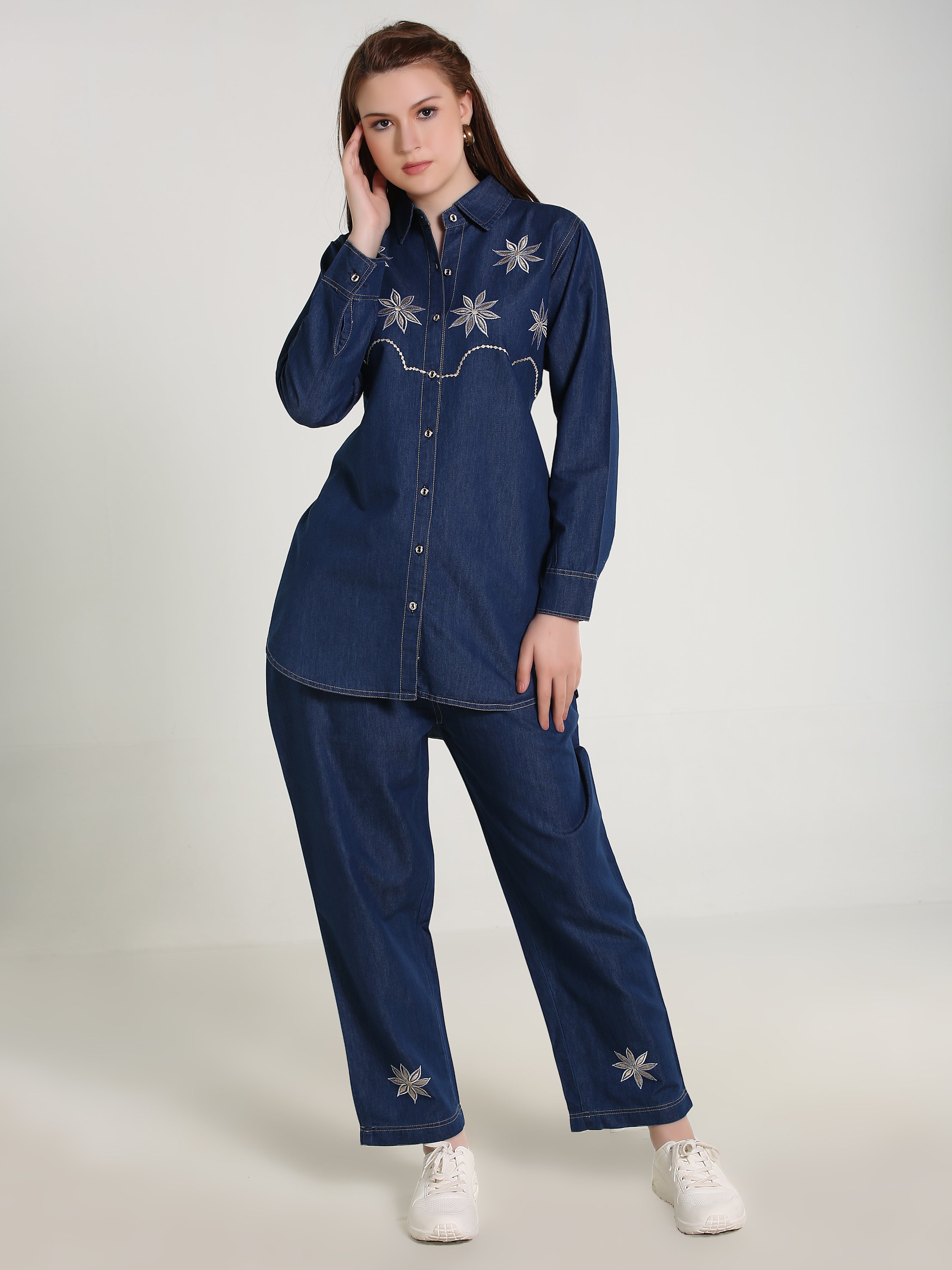 Denim Embroidered Phone Colour Stitched Co-ord Set