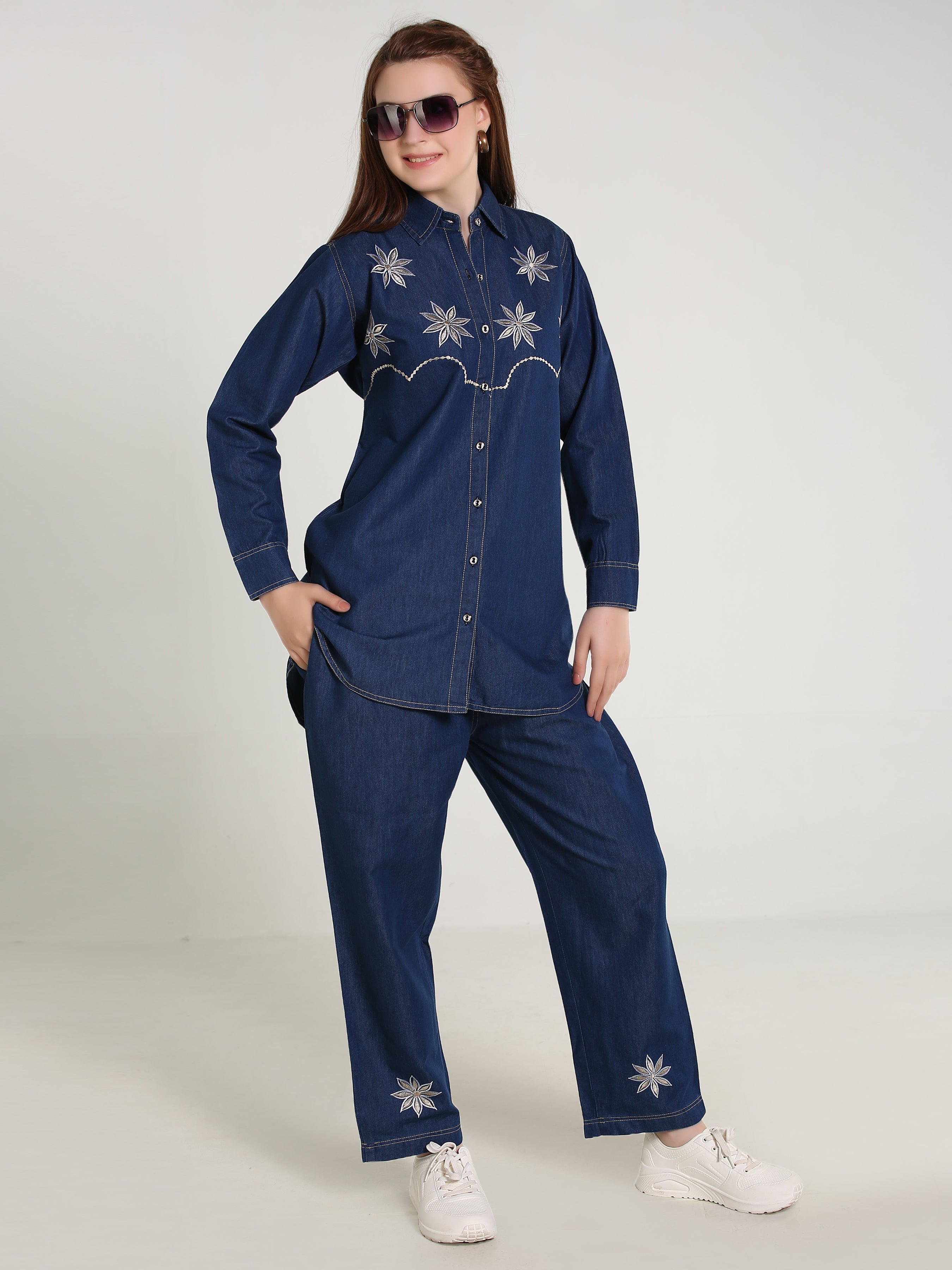 Denim Embroidered Phone Colour Stitched Co-ord Set