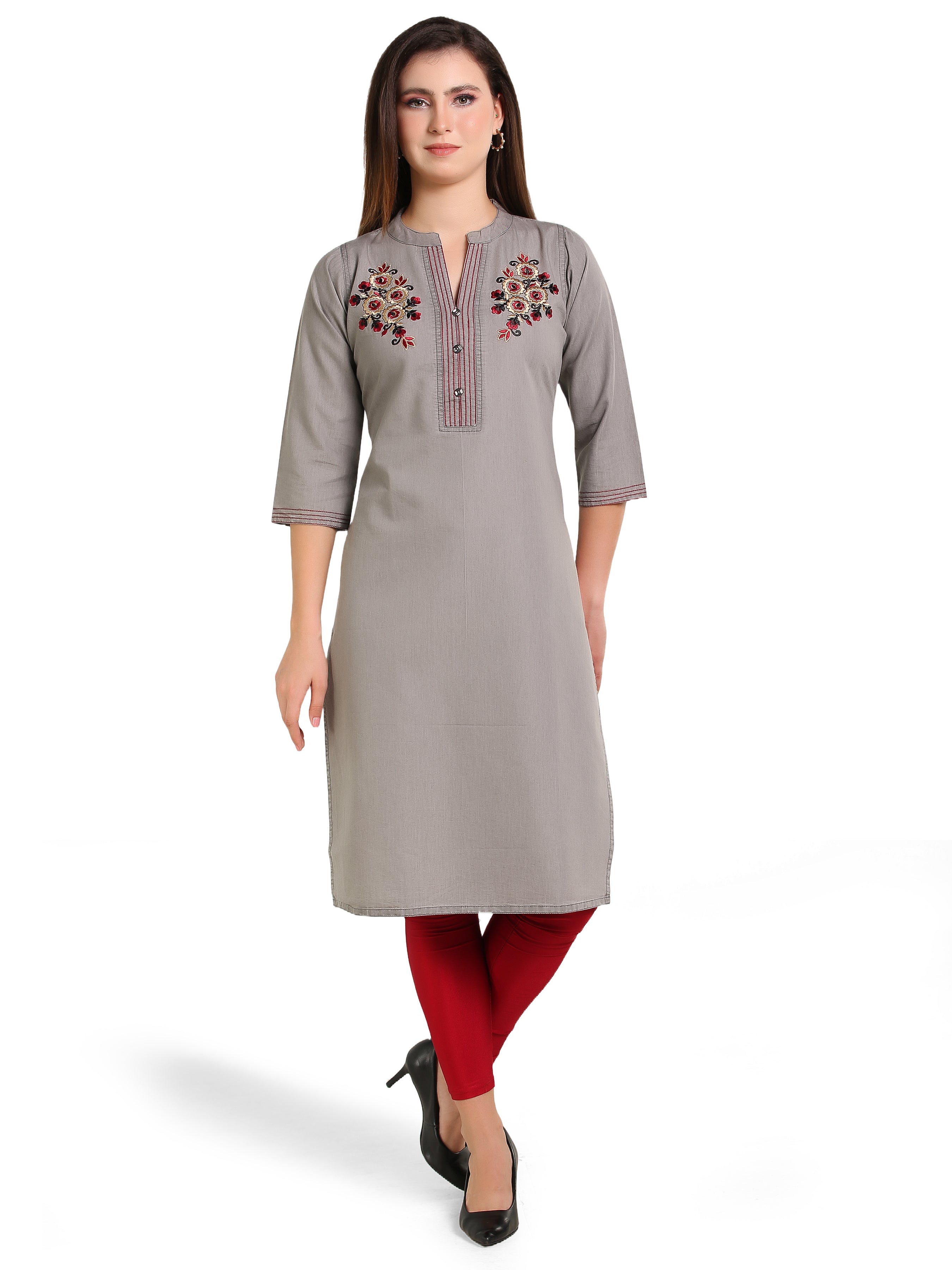 Grey Denim Both side Embroidered Mandarine Collar Kurta