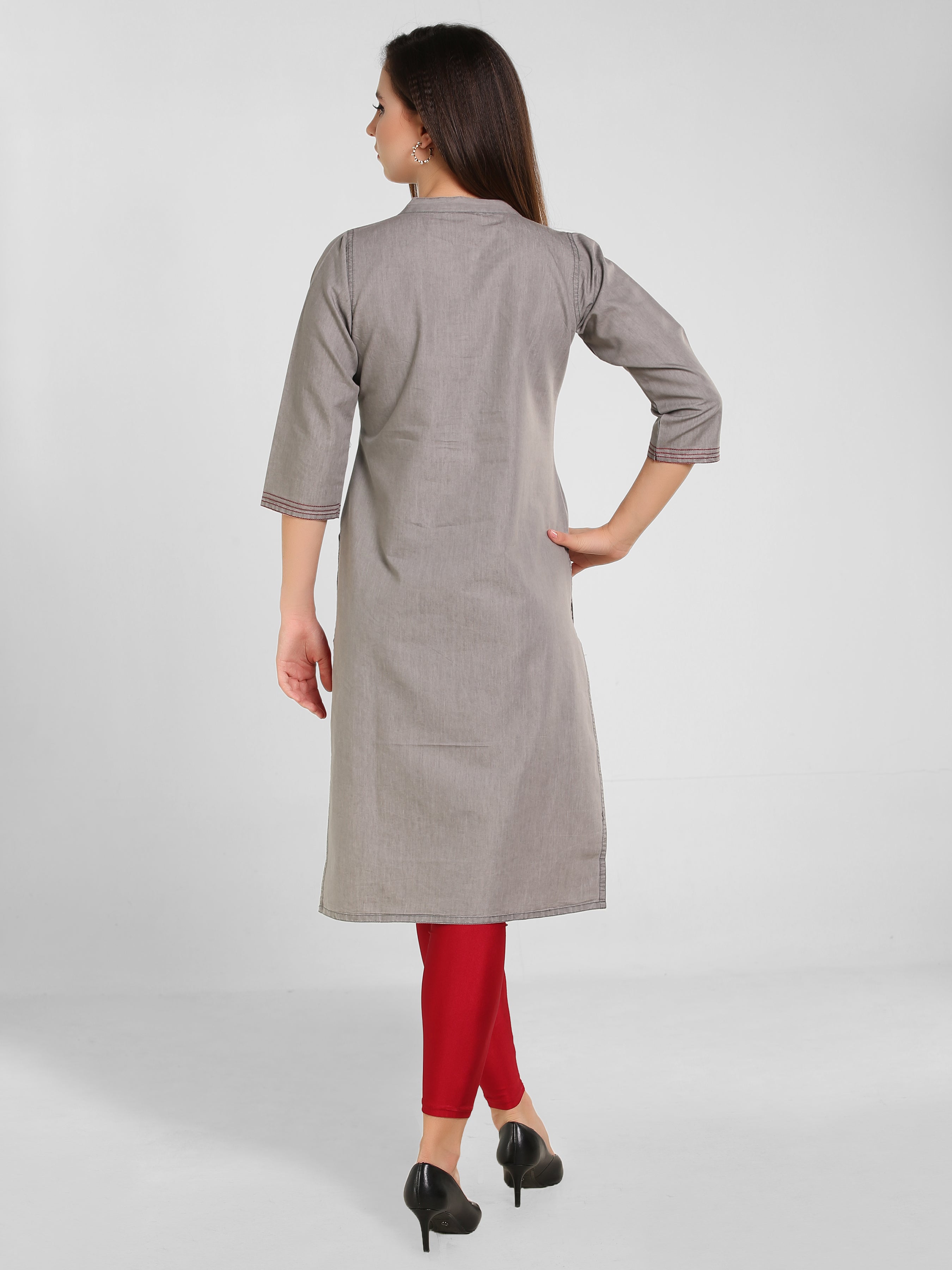 Grey Denim Both side Embroidered Mandarine Collar Kurta