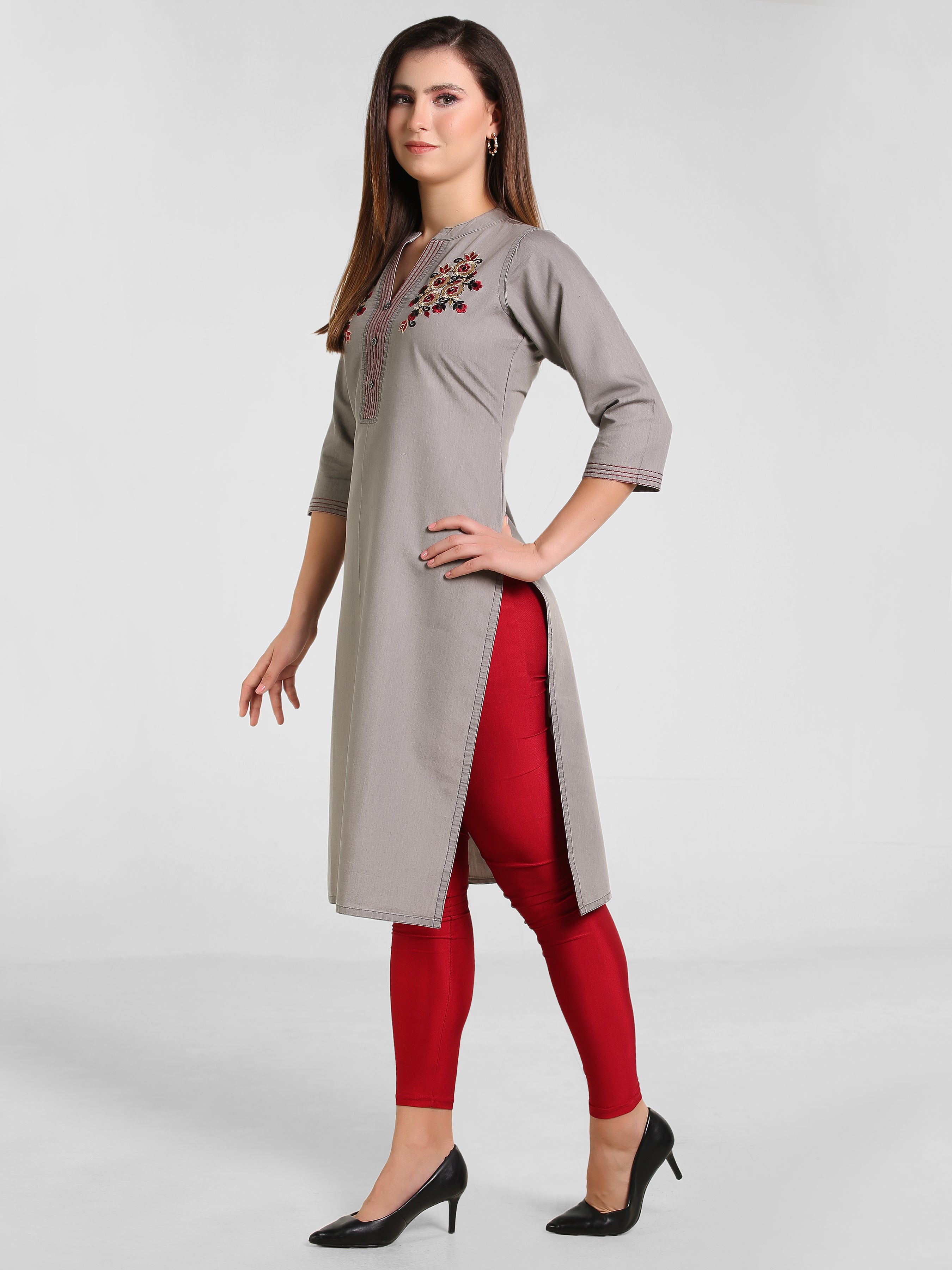 Grey Denim Both side Embroidered Mandarine Collar Kurta