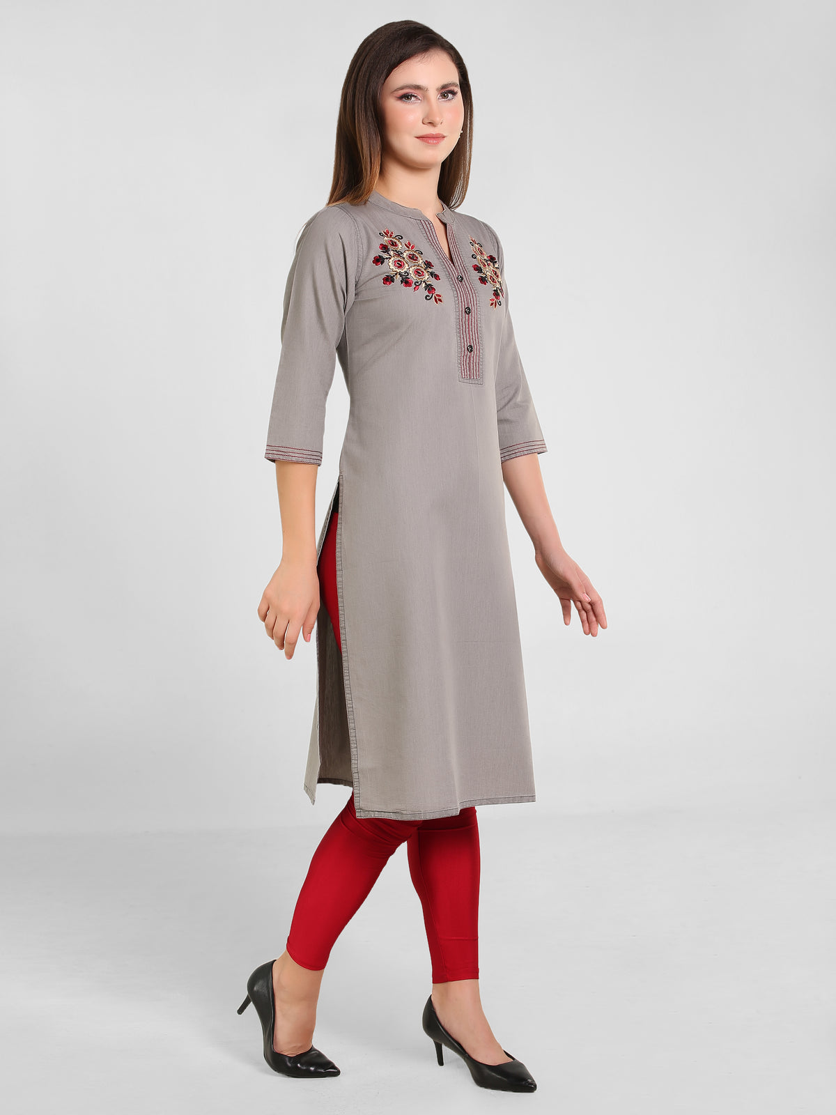 Grey Denim Both side Embroidered Mandarine Collar Kurta