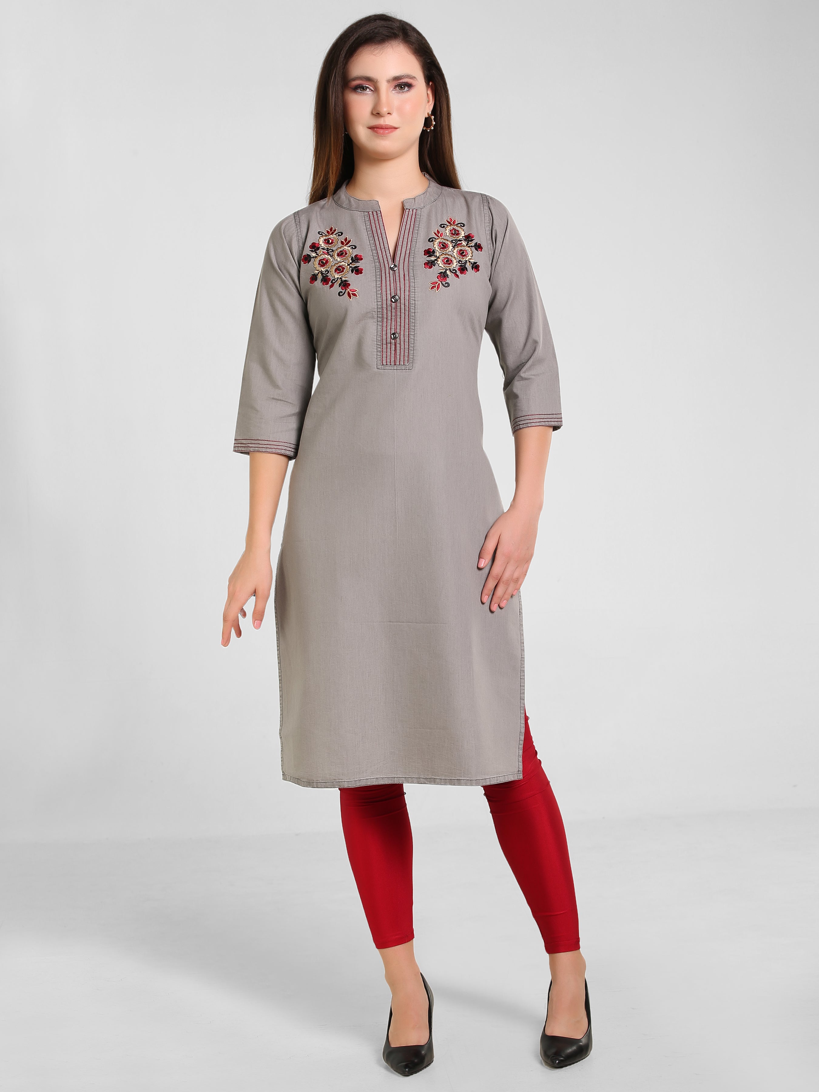 Grey Denim Both side Embroidered Mandarine Collar Kurta