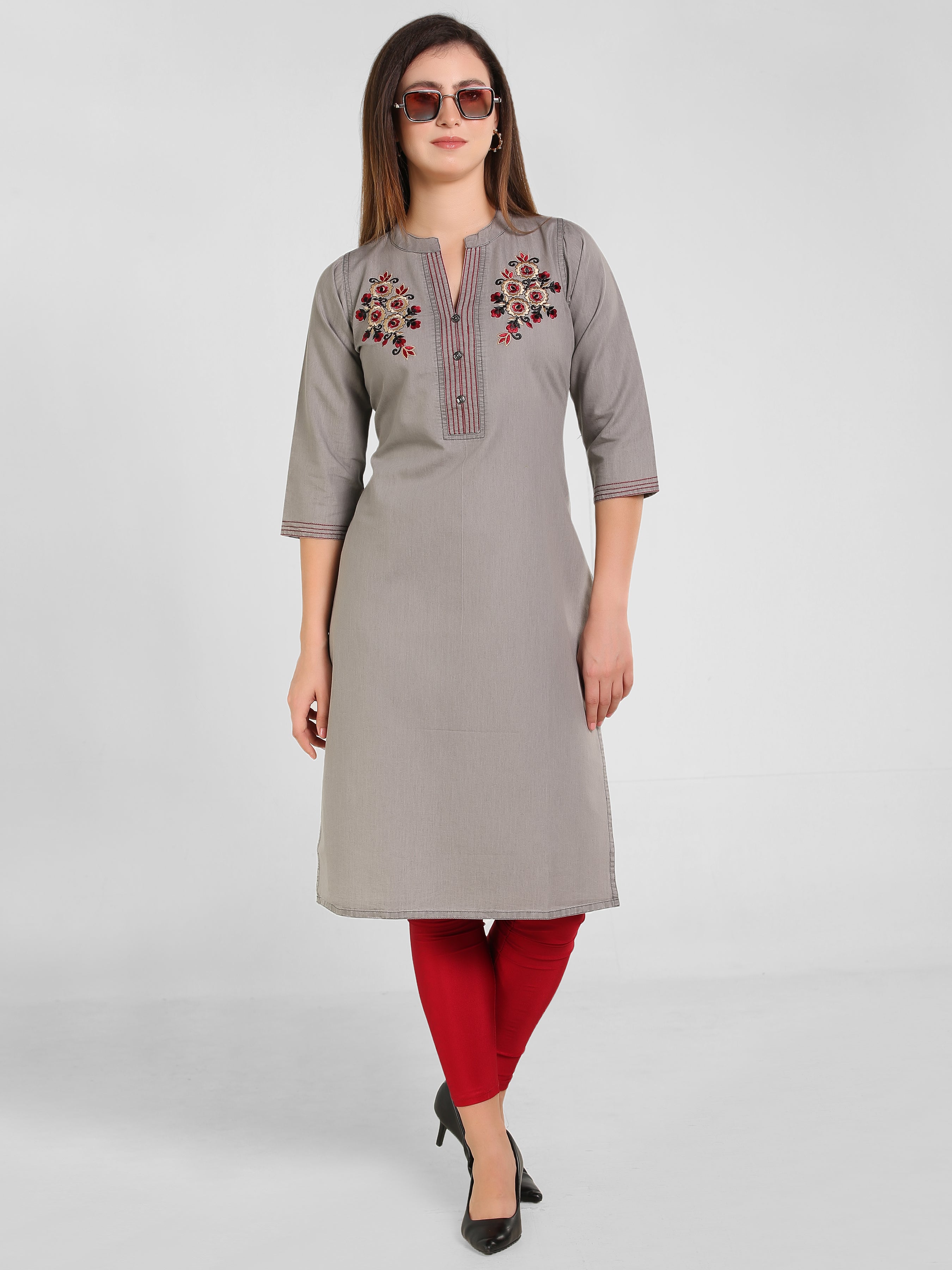 Grey Denim Both side Embroidered Mandarine Collar Kurta