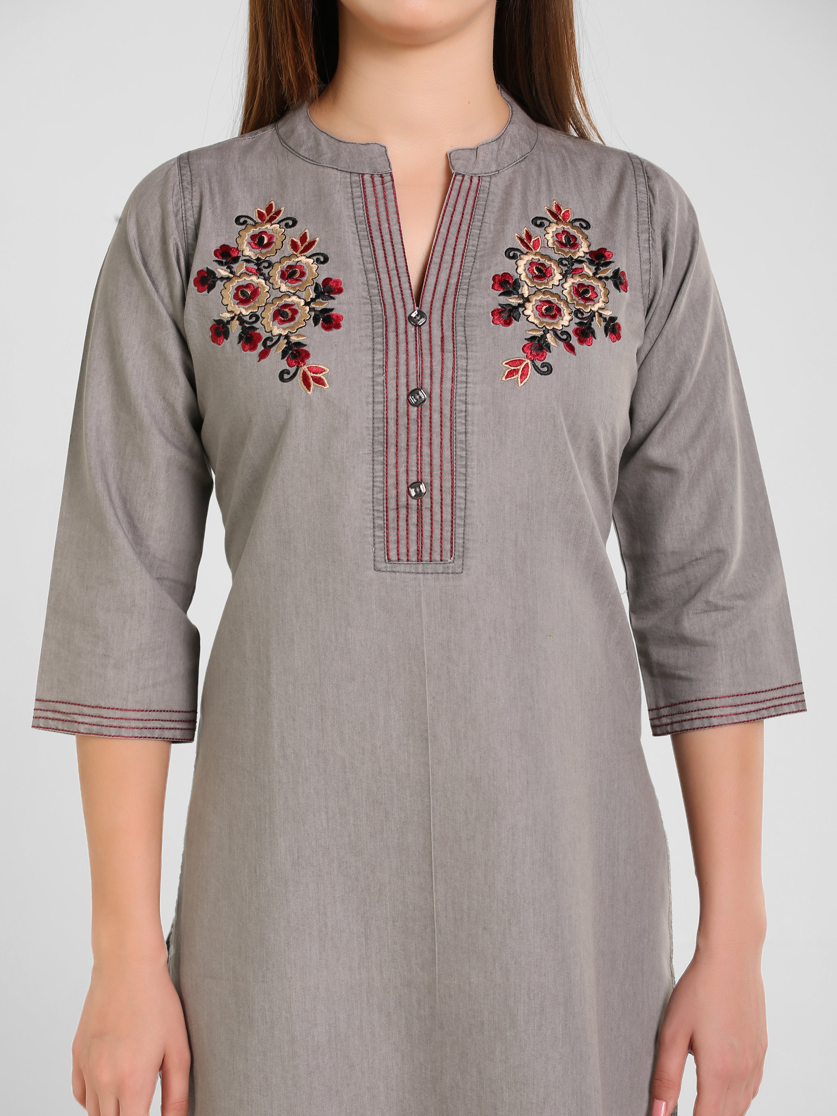 Grey Denim Both side Embroidered Mandarine Collar Kurta