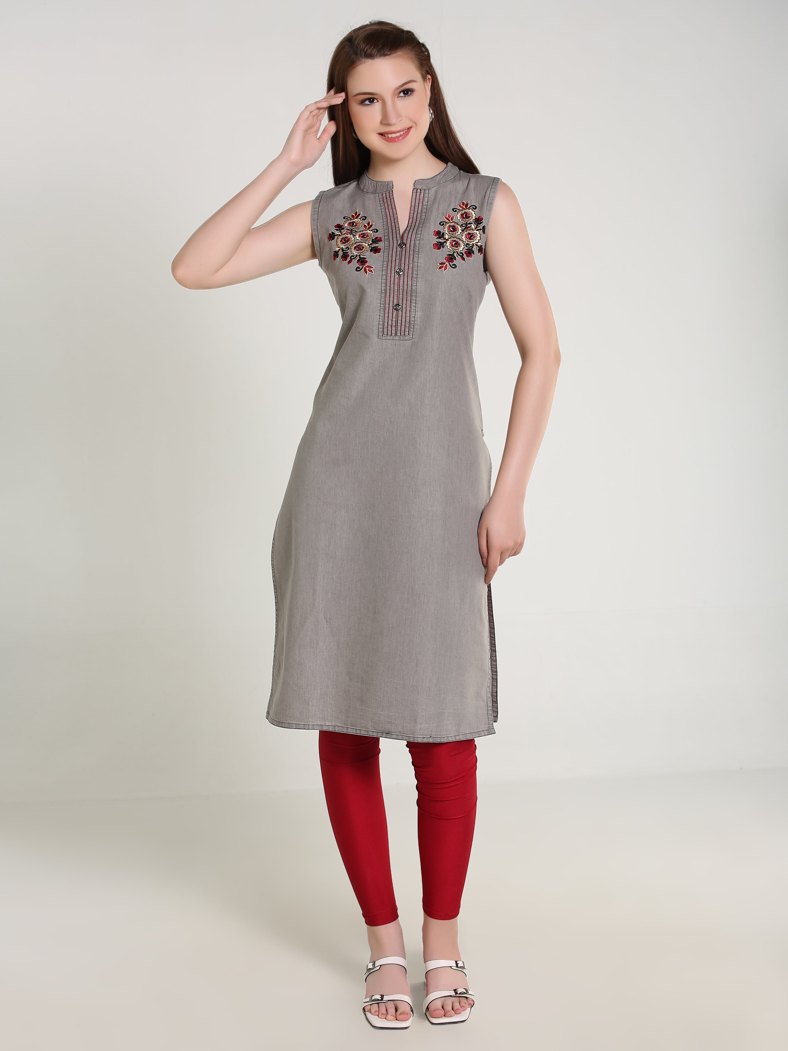 Grey Denim Both sides Embroidered Sleeveless Mandarine Collar Kurta