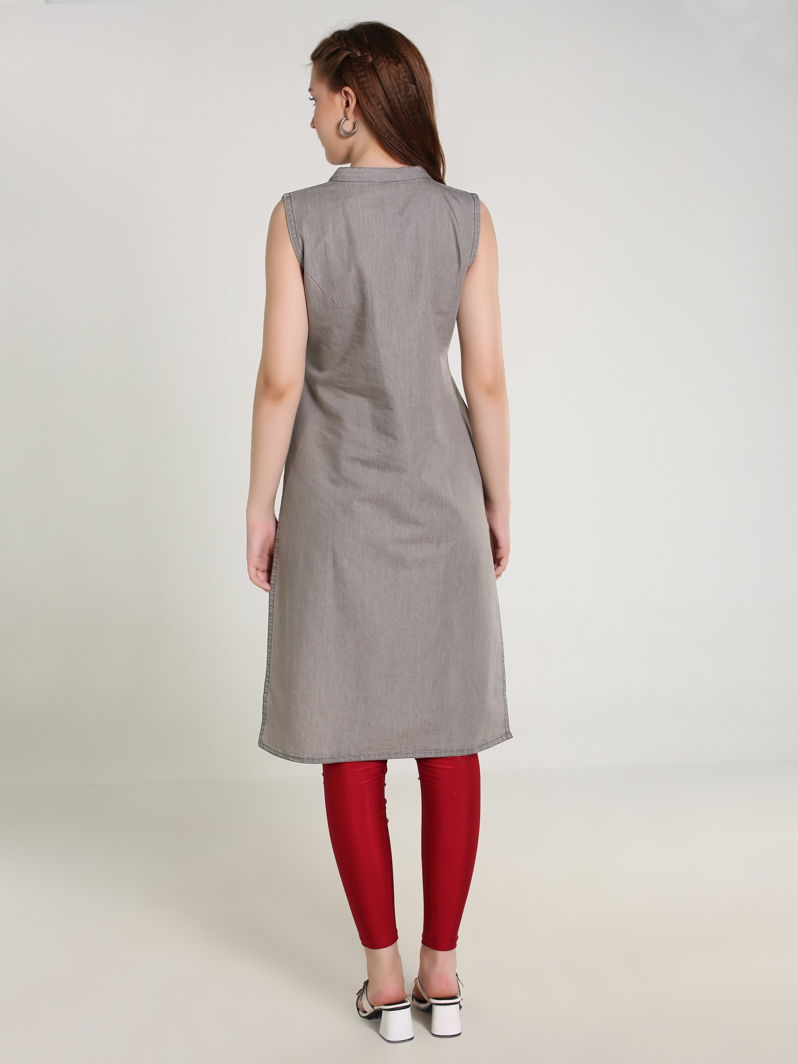 Grey Denim Both sides Embroidered Sleeveless Mandarine Collar Kurta
