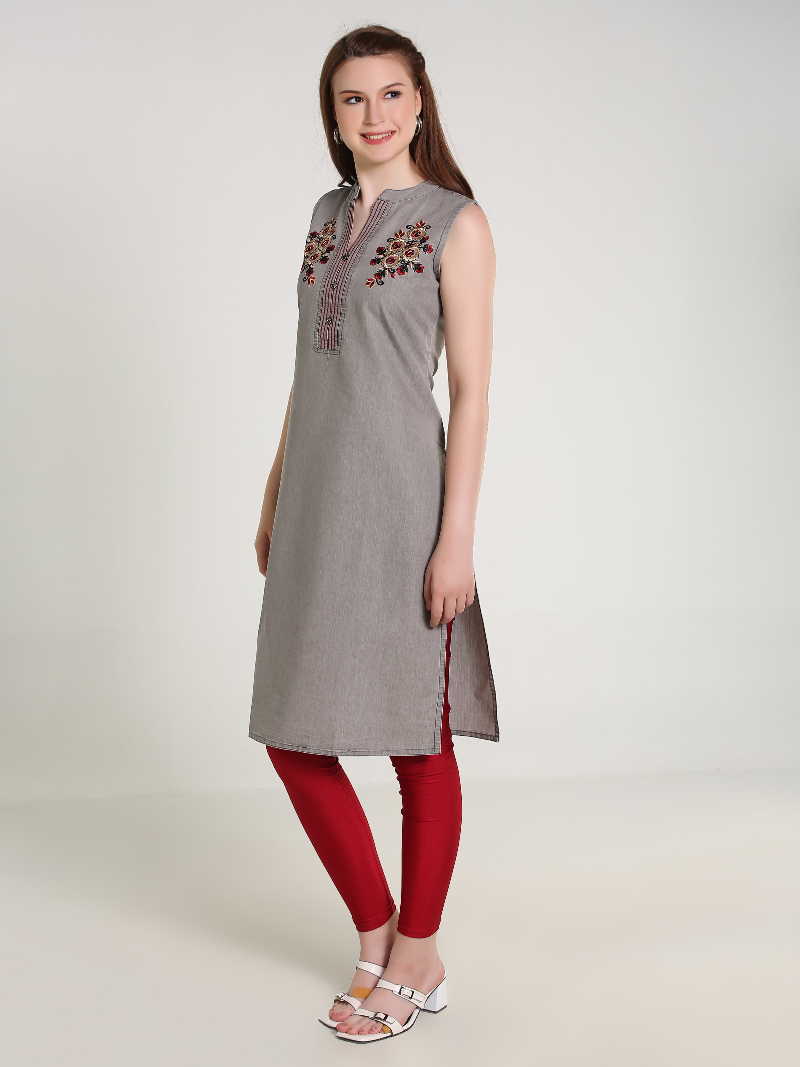 Grey Denim Both sides Embroidered Sleeveless Mandarine Collar Kurta