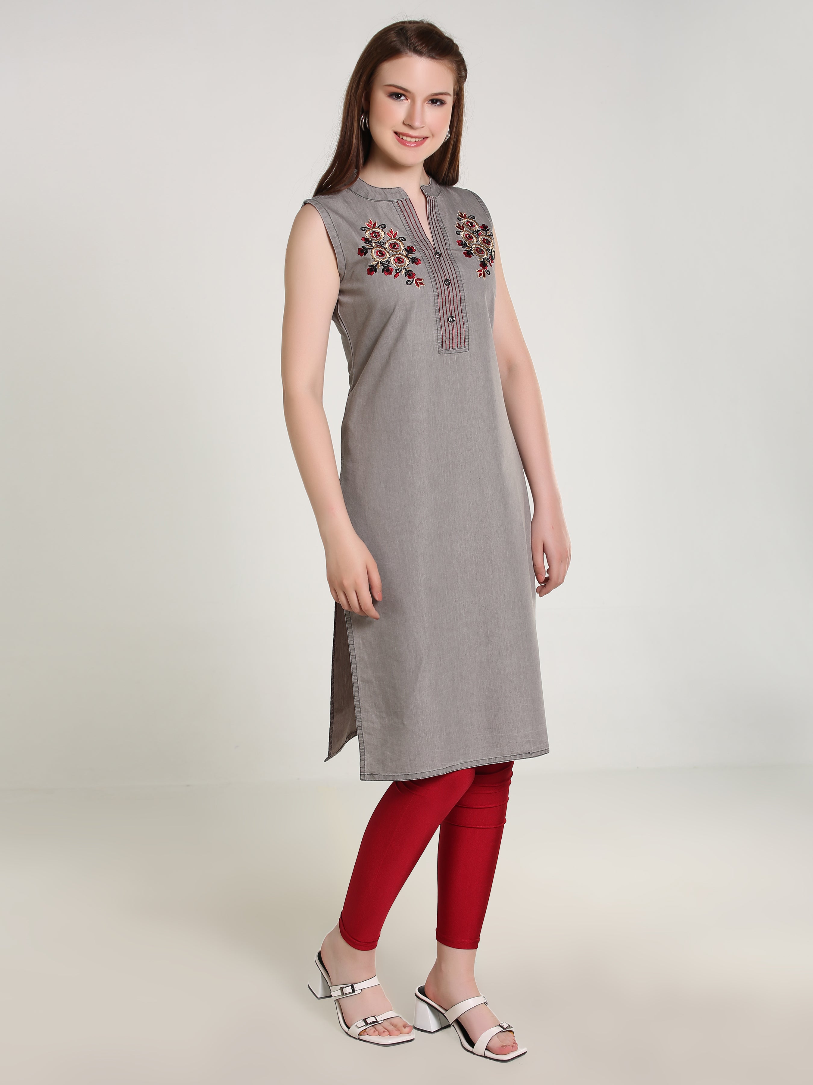 Grey Denim Both sides Embroidered Sleeveless Mandarine Collar Kurta