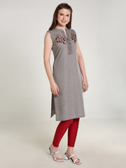 Grey Denim Both sides Embroidered Sleeveless Mandarine Collar Kurta