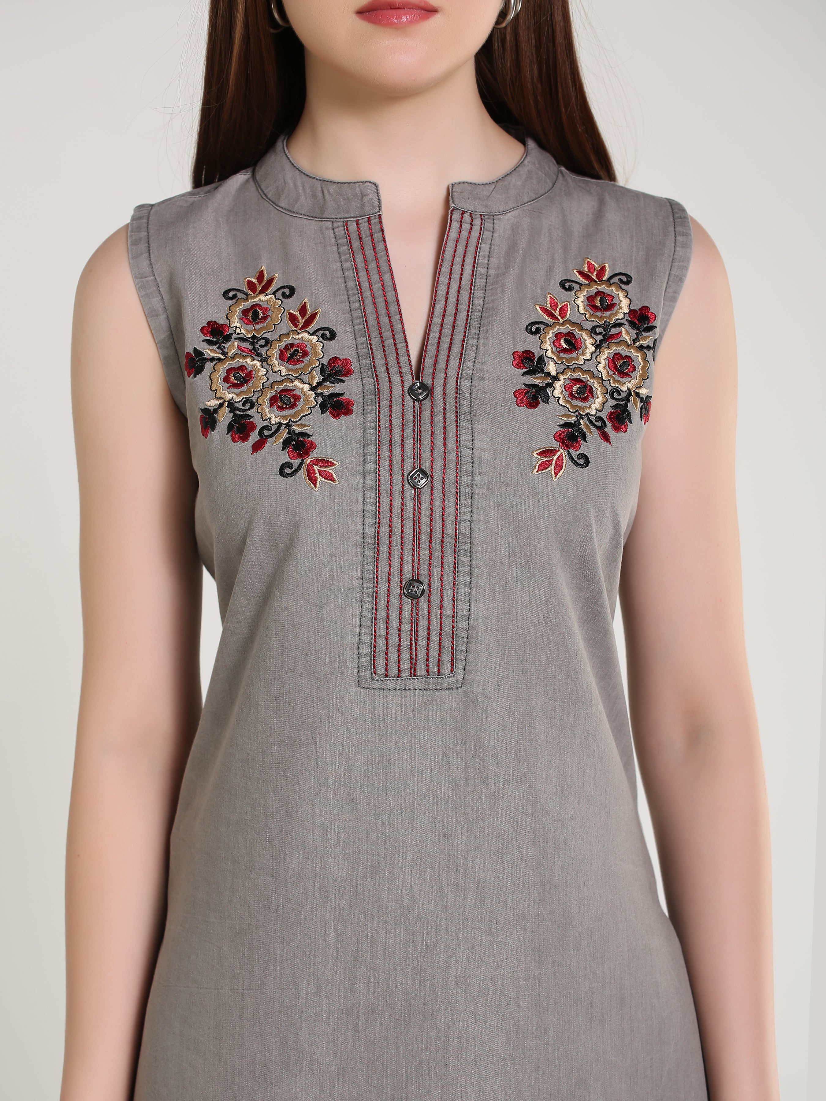 Grey Denim Both sides Embroidered Sleeveless Mandarine Collar Kurta