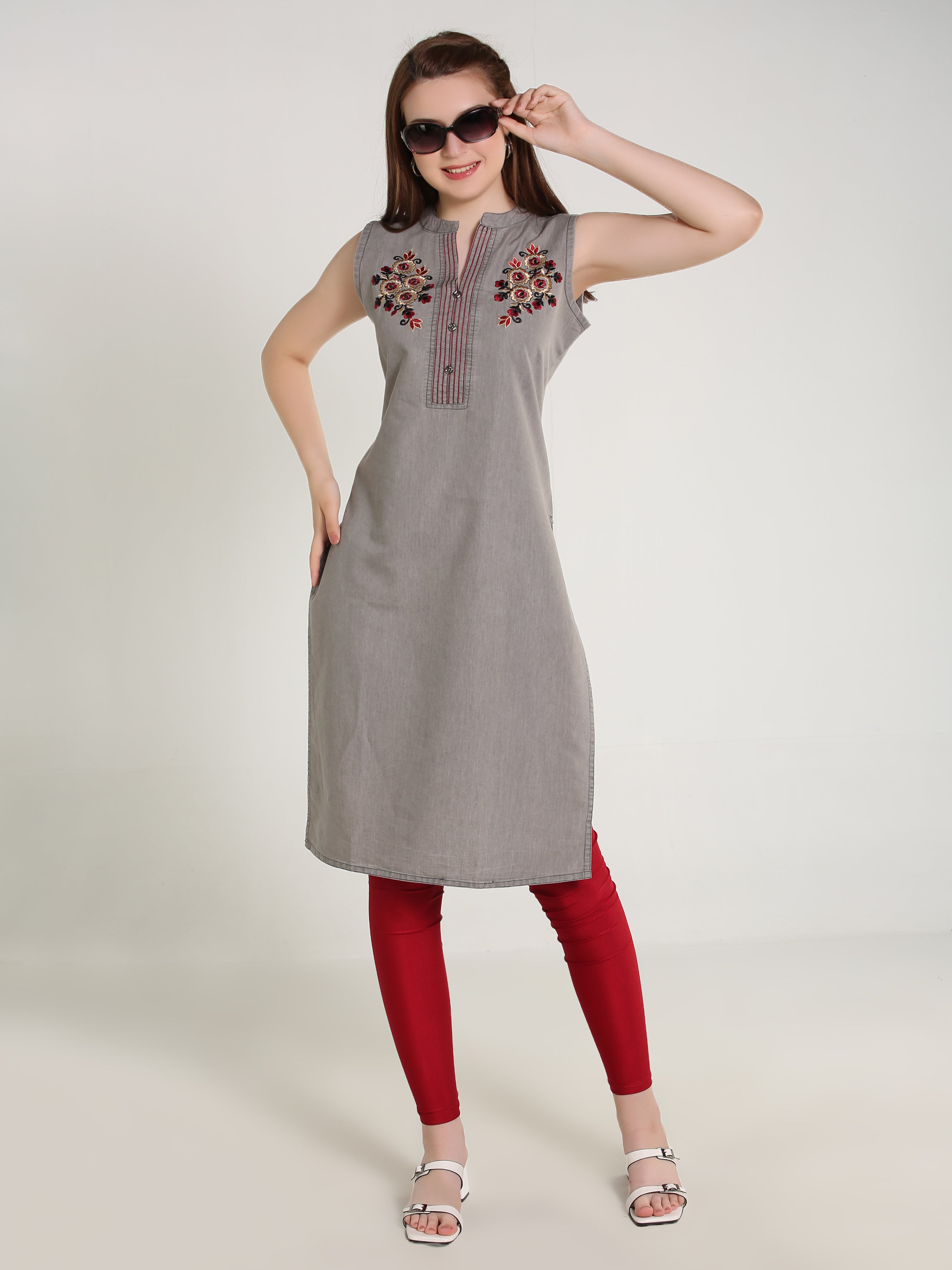 Grey Denim Both sides Embroidered Sleeveless Mandarine Collar Kurta