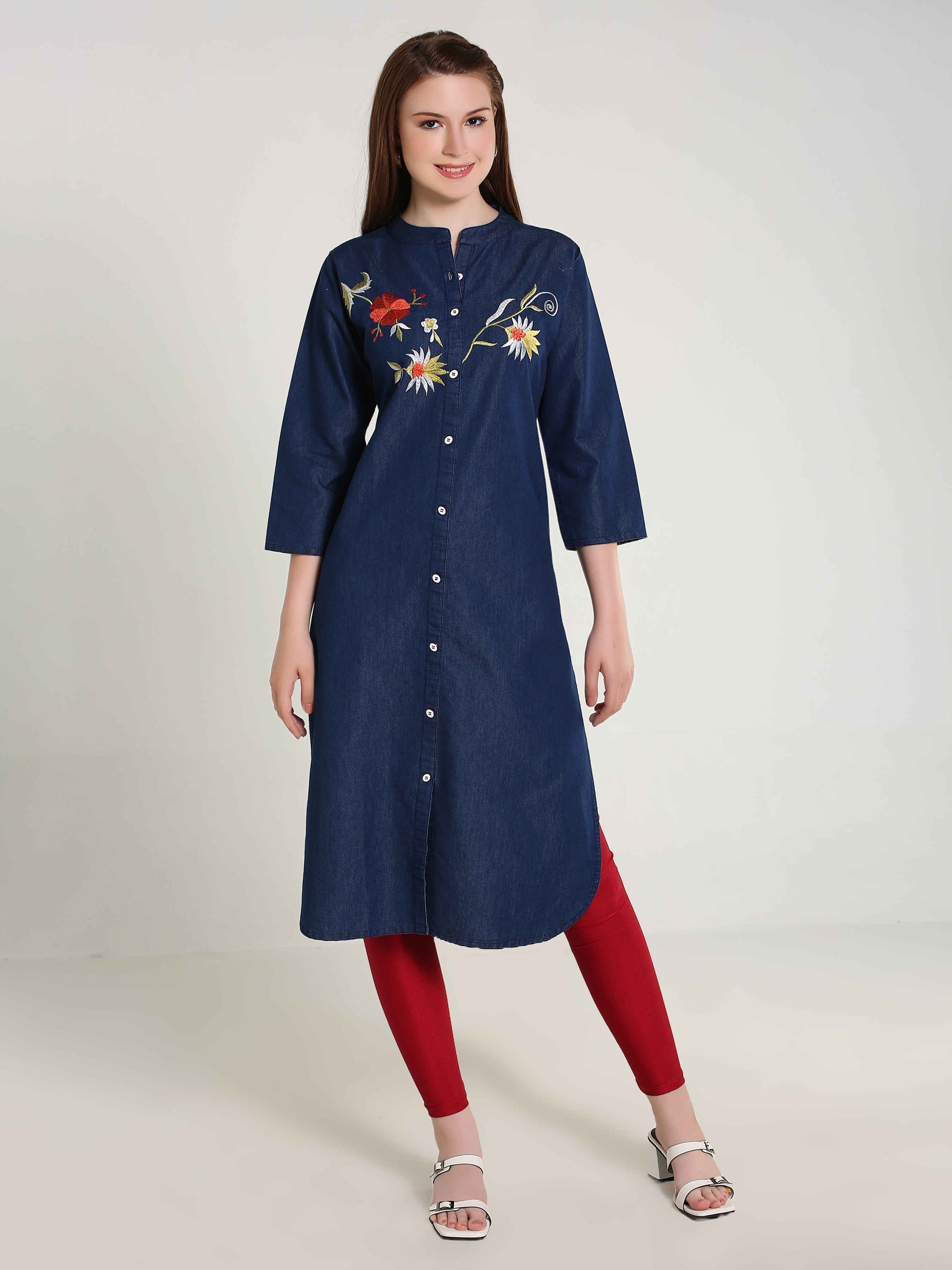 Denim Flower Embroidered Mandarine Collar Kurta
