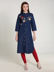 Denim Flower Embroidered Mandarine Collar Kurta