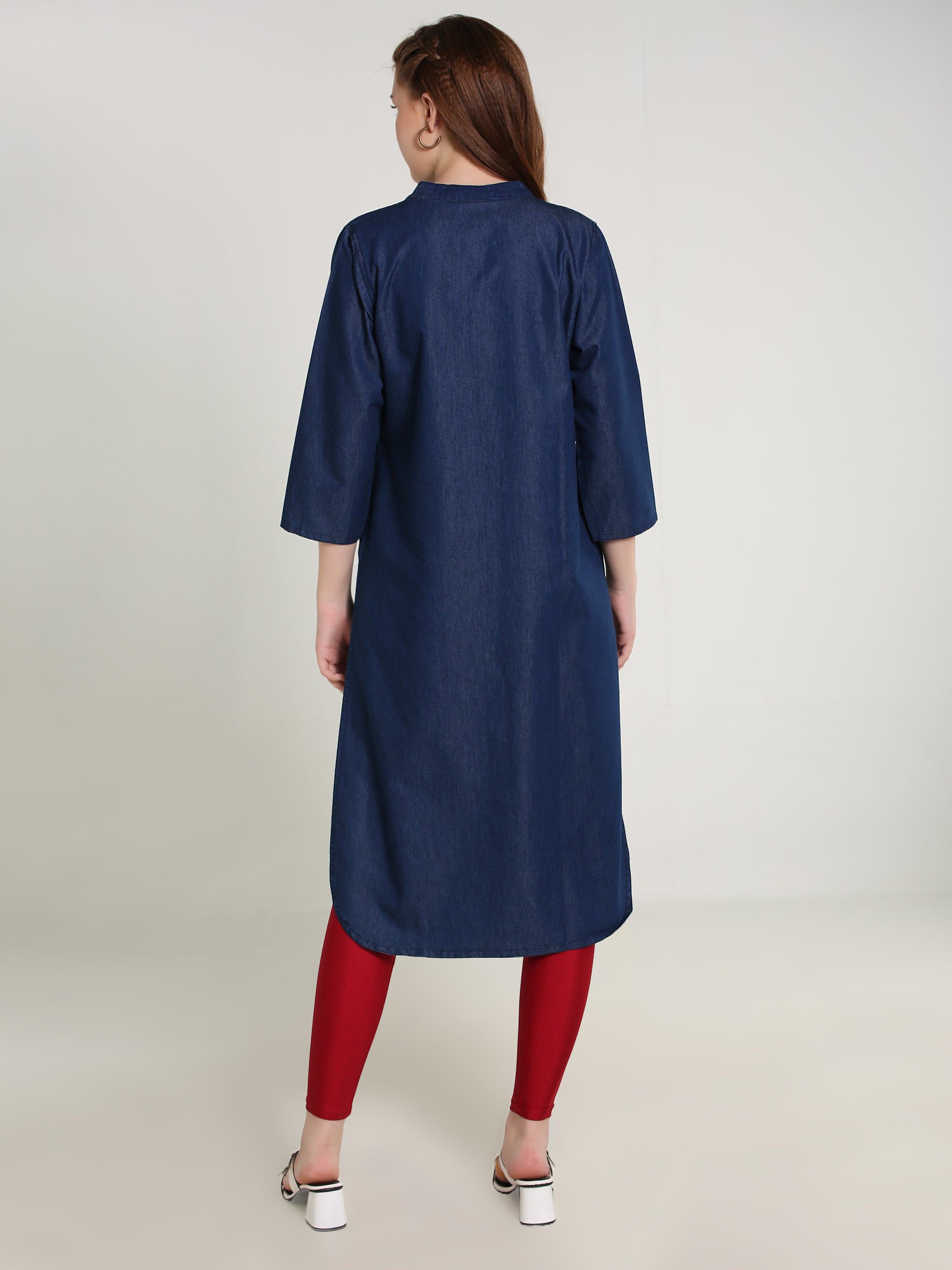 Denim Flower Embroidered Mandarine Collar Kurta