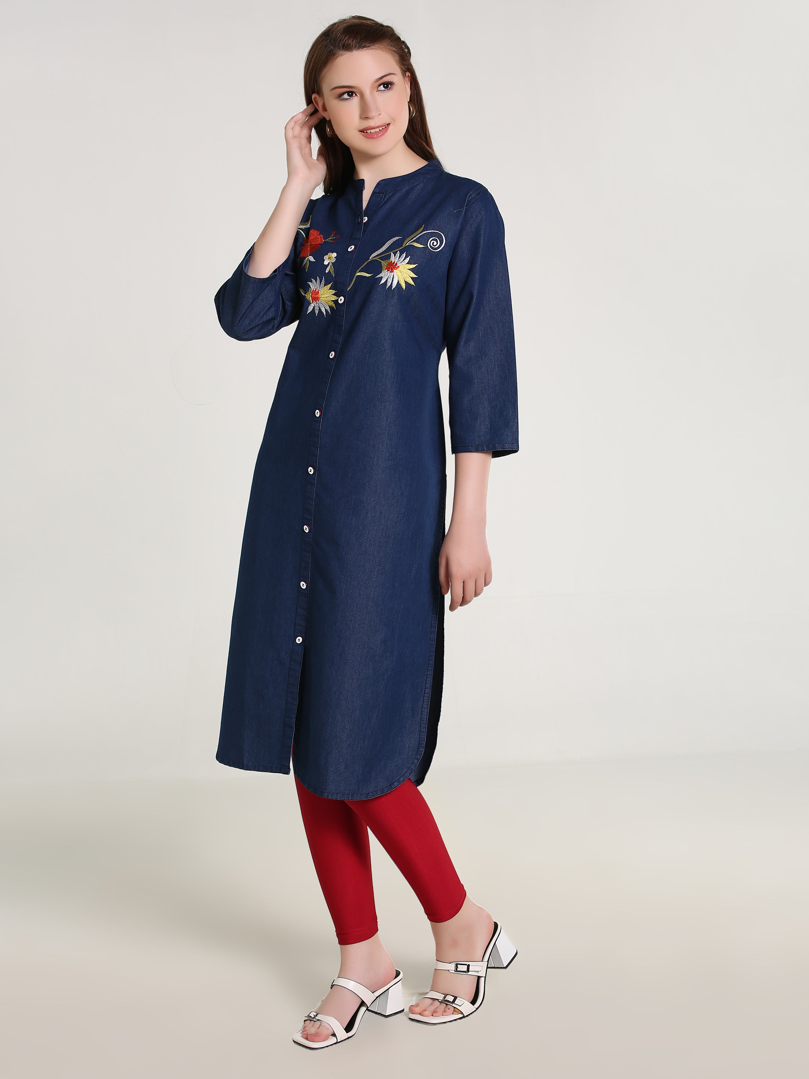 Denim Flower Embroidered Mandarine Collar Kurta