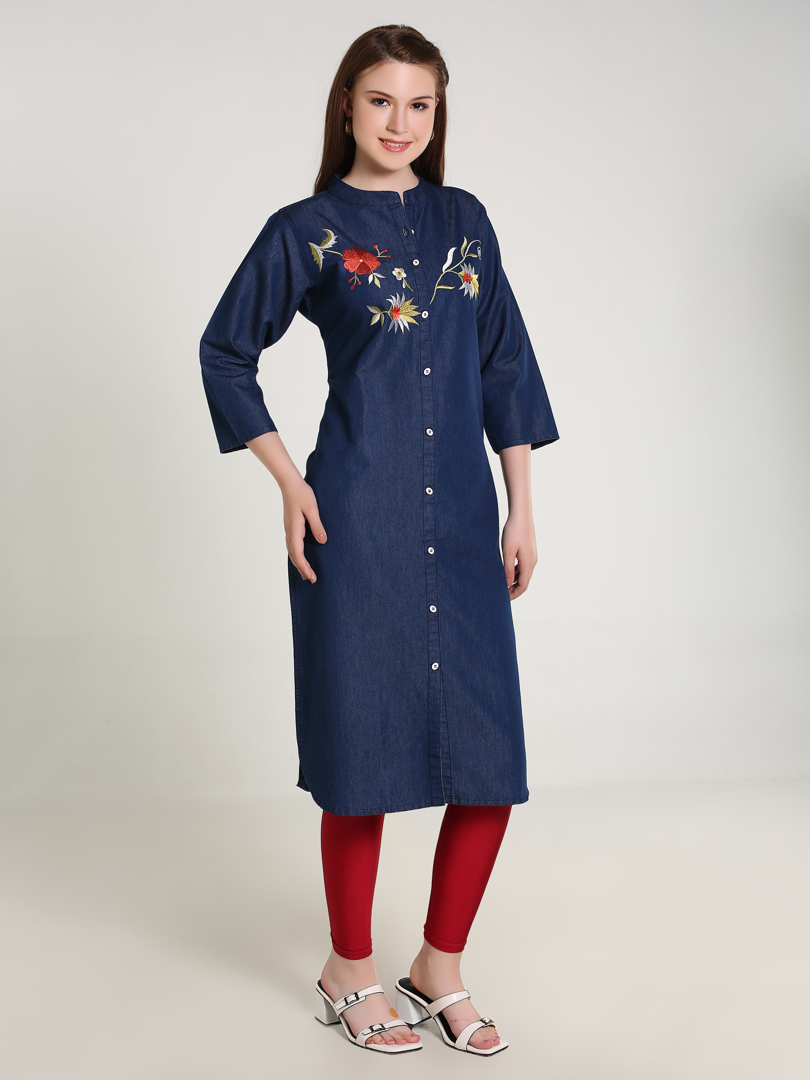 Denim Flower Embroidered Mandarine Collar Kurta