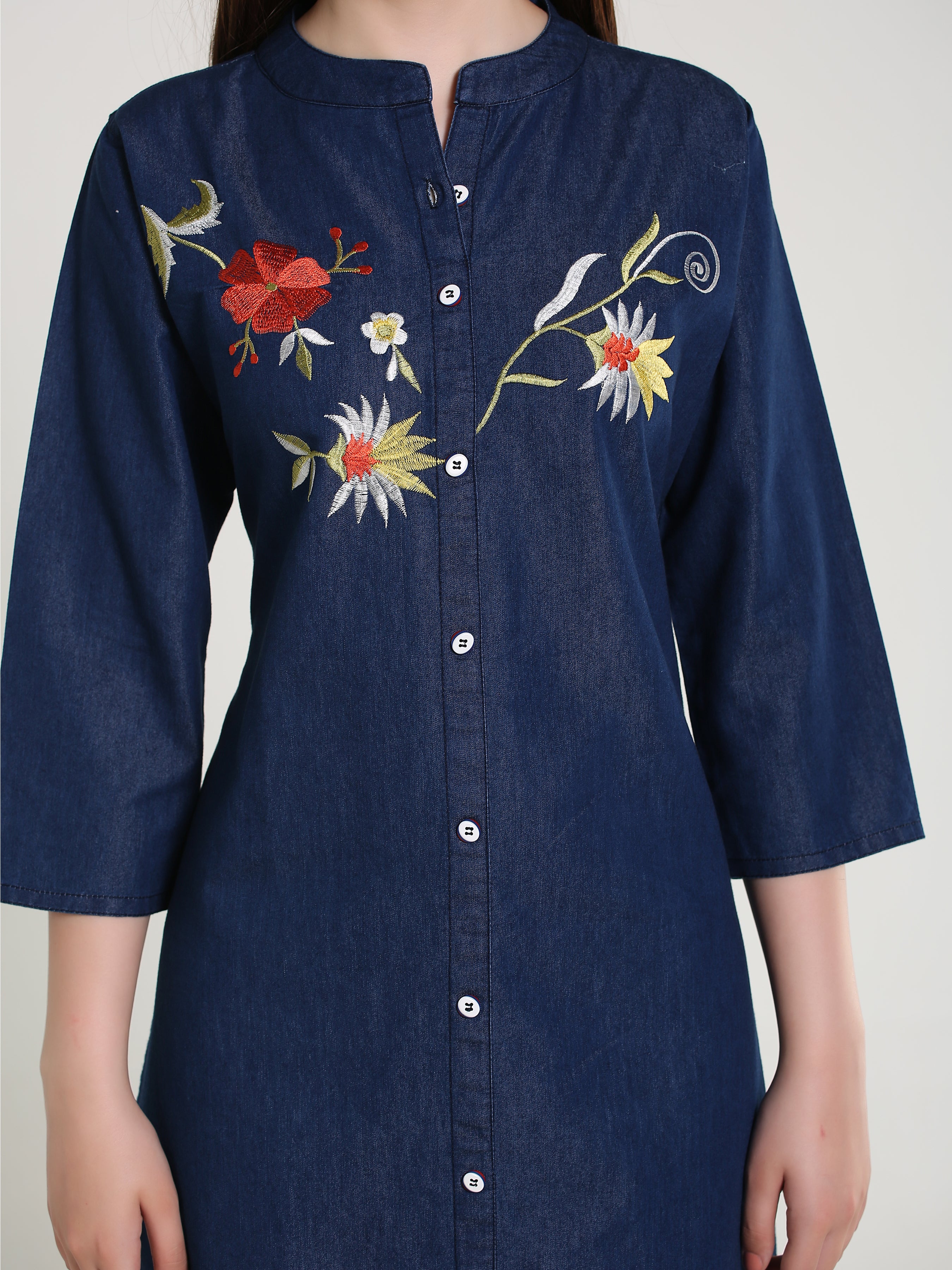 Denim Flower Embroidered Mandarine Collar Kurta