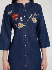 Denim Flower Embroidered Mandarine Collar Kurta