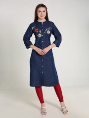 Denim Flower Embroidered Mandarine Collar Kurta