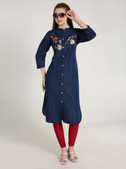 Denim Flower Embroidered Mandarine Collar Kurta