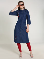 Denim Flower Embroidered Front Slit  Mandarine Collar Kurta