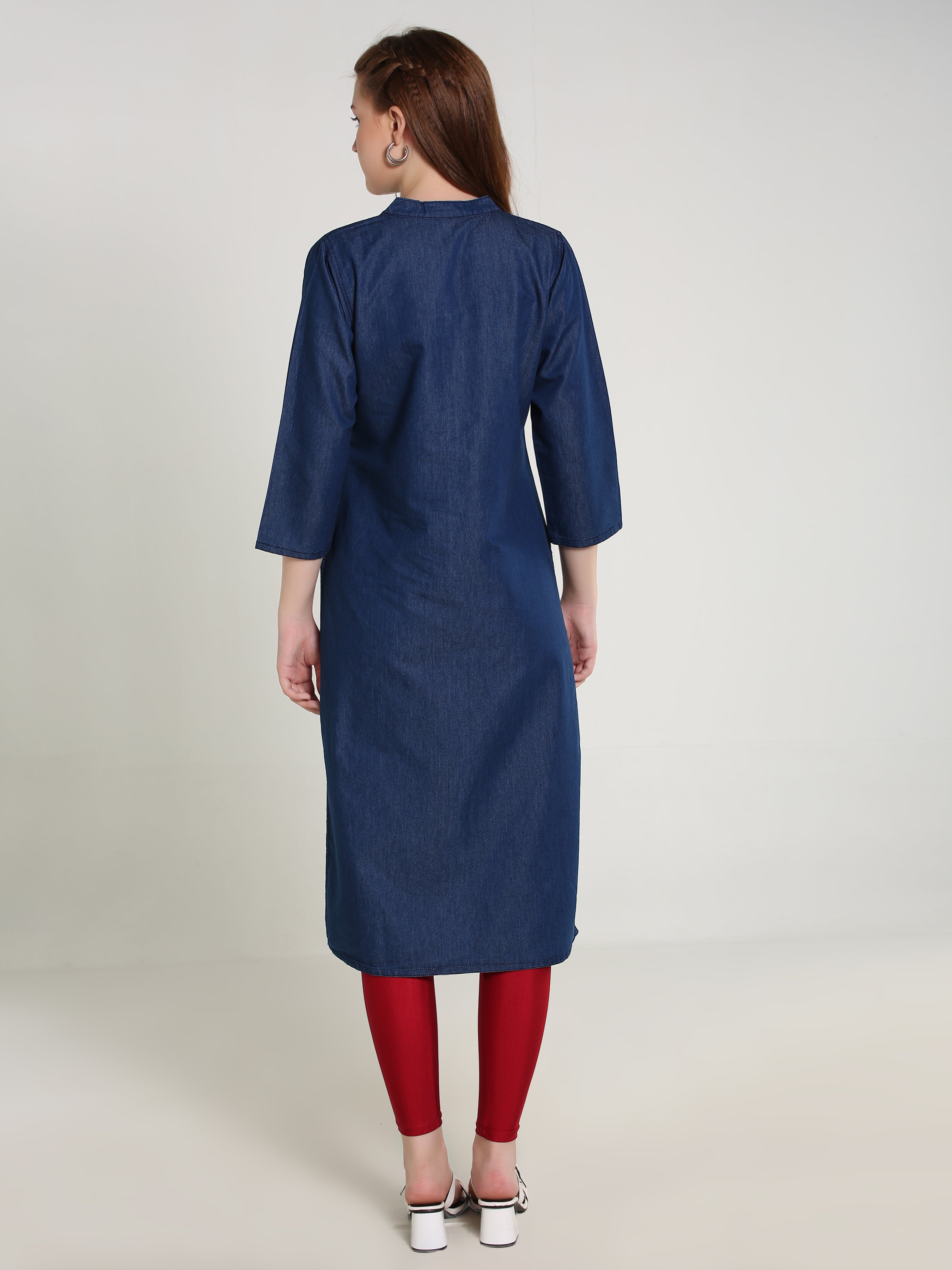 Denim Flower Embroidered Front Slit  Mandarine Collar Kurta