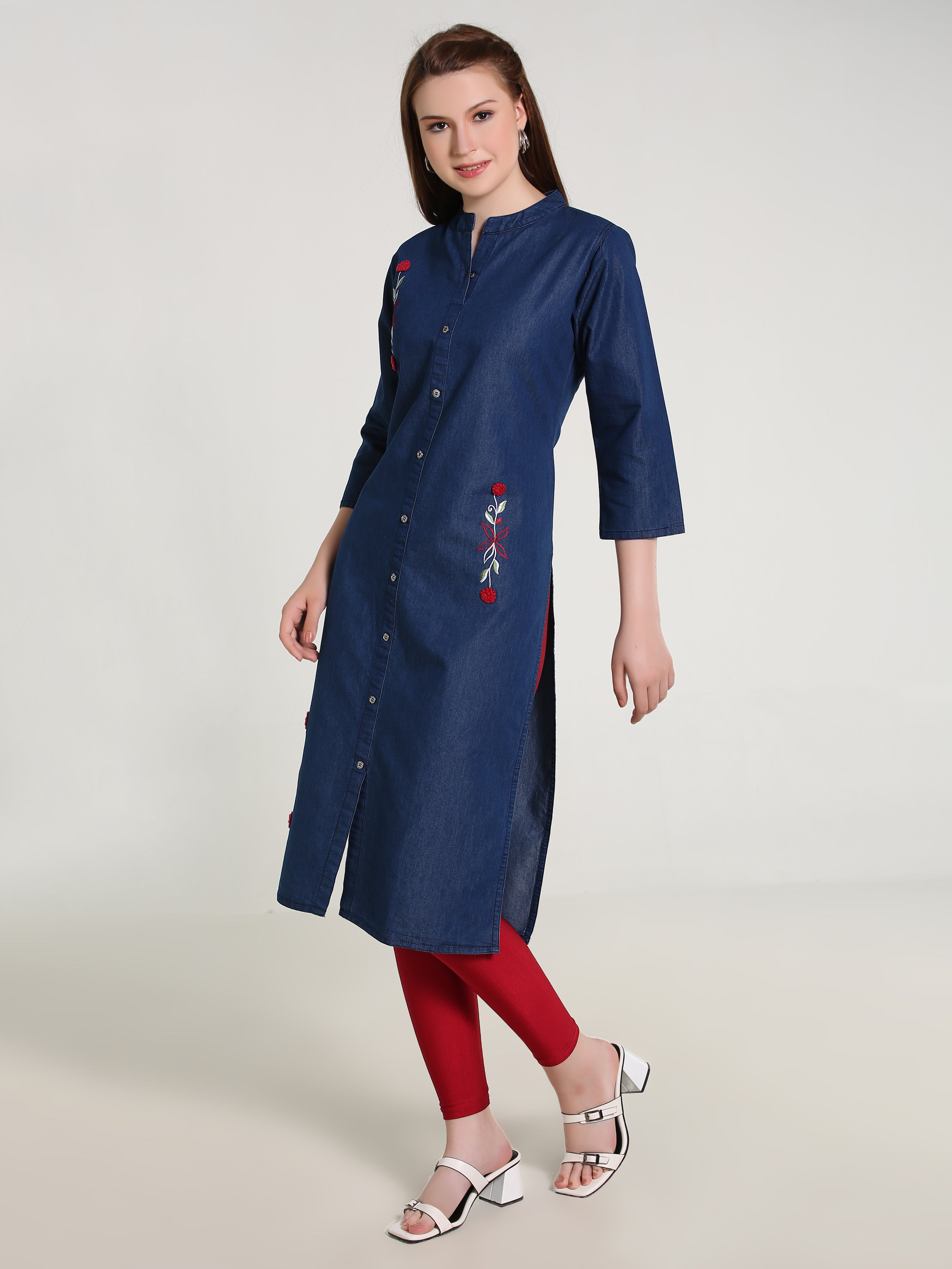 Denim Flower Embroidered Front Slit  Mandarine Collar Kurta