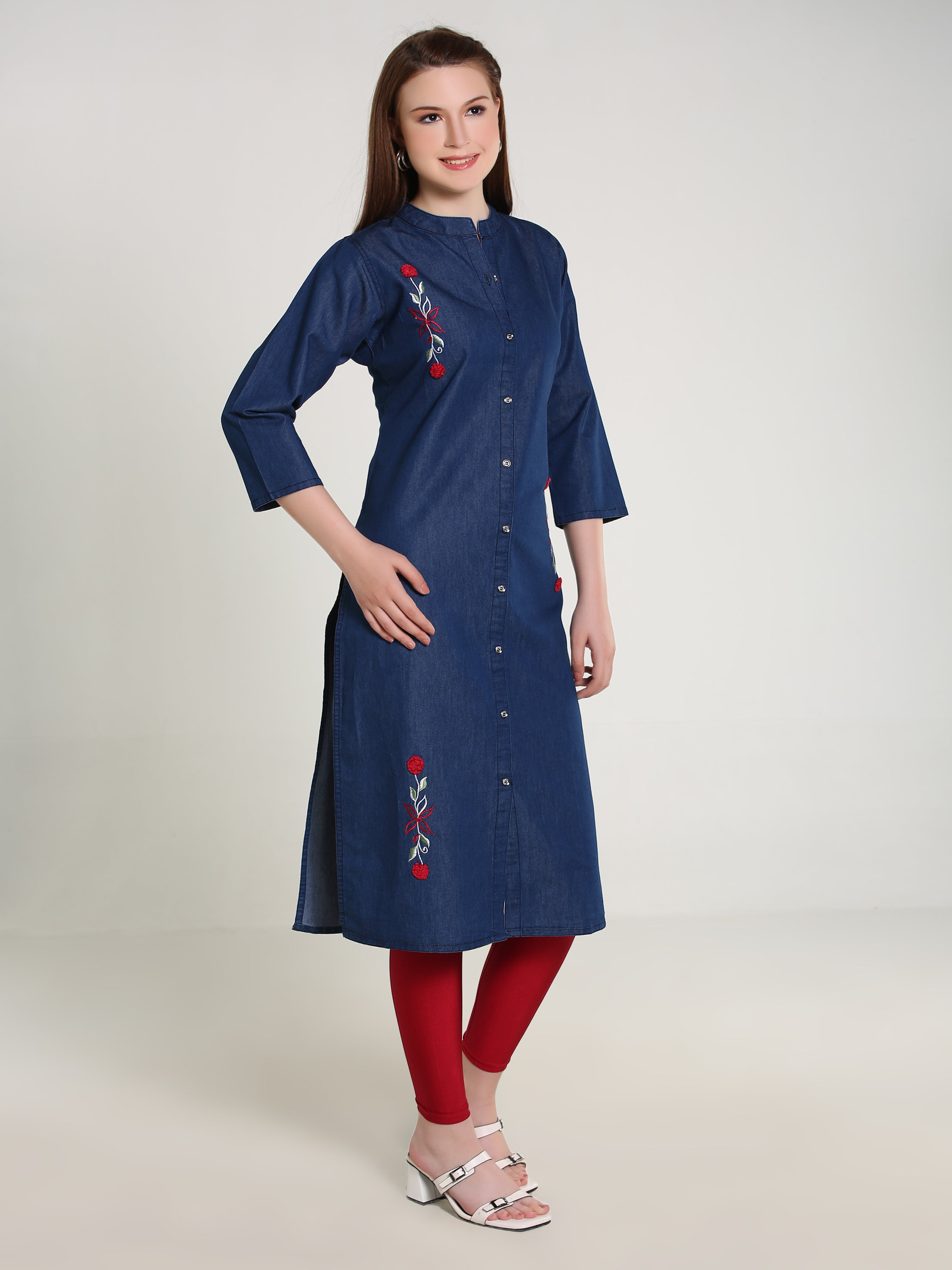 Denim Flower Embroidered Front Slit  Mandarine Collar Kurta