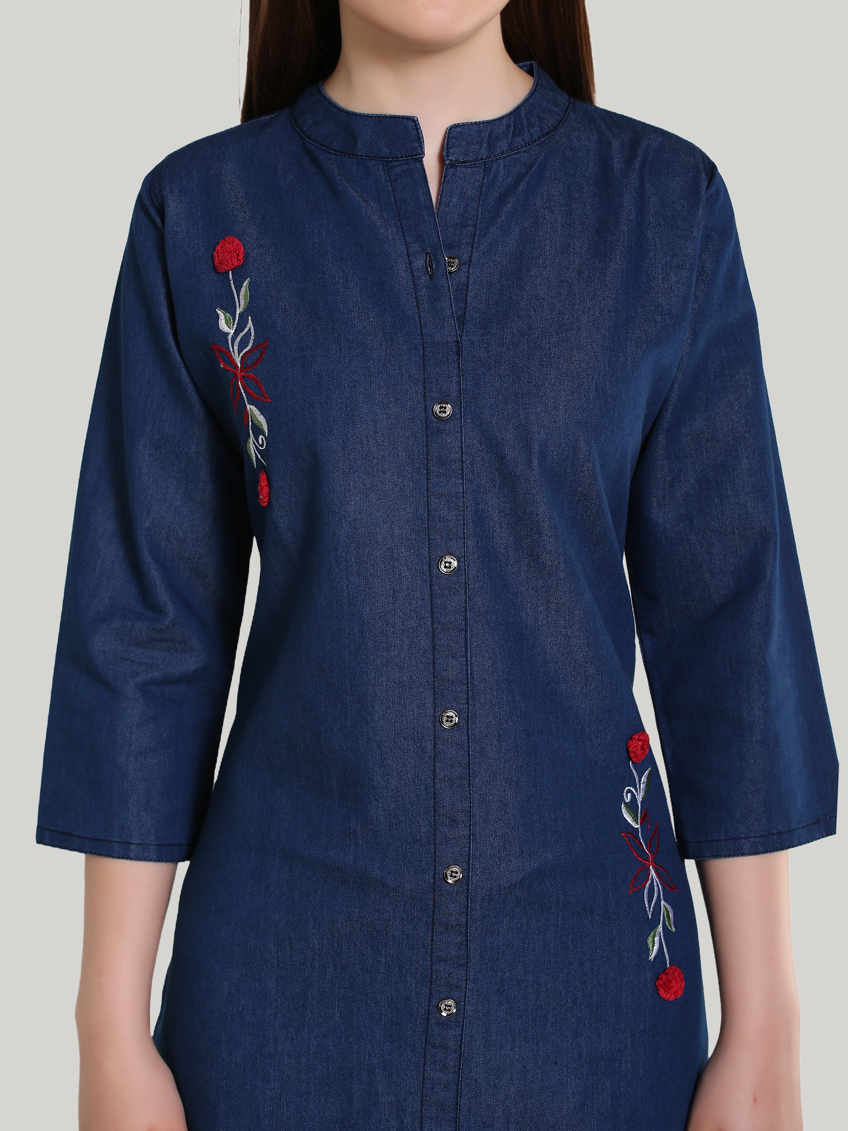Denim Flower Embroidered Front Slit  Mandarine Collar Kurta