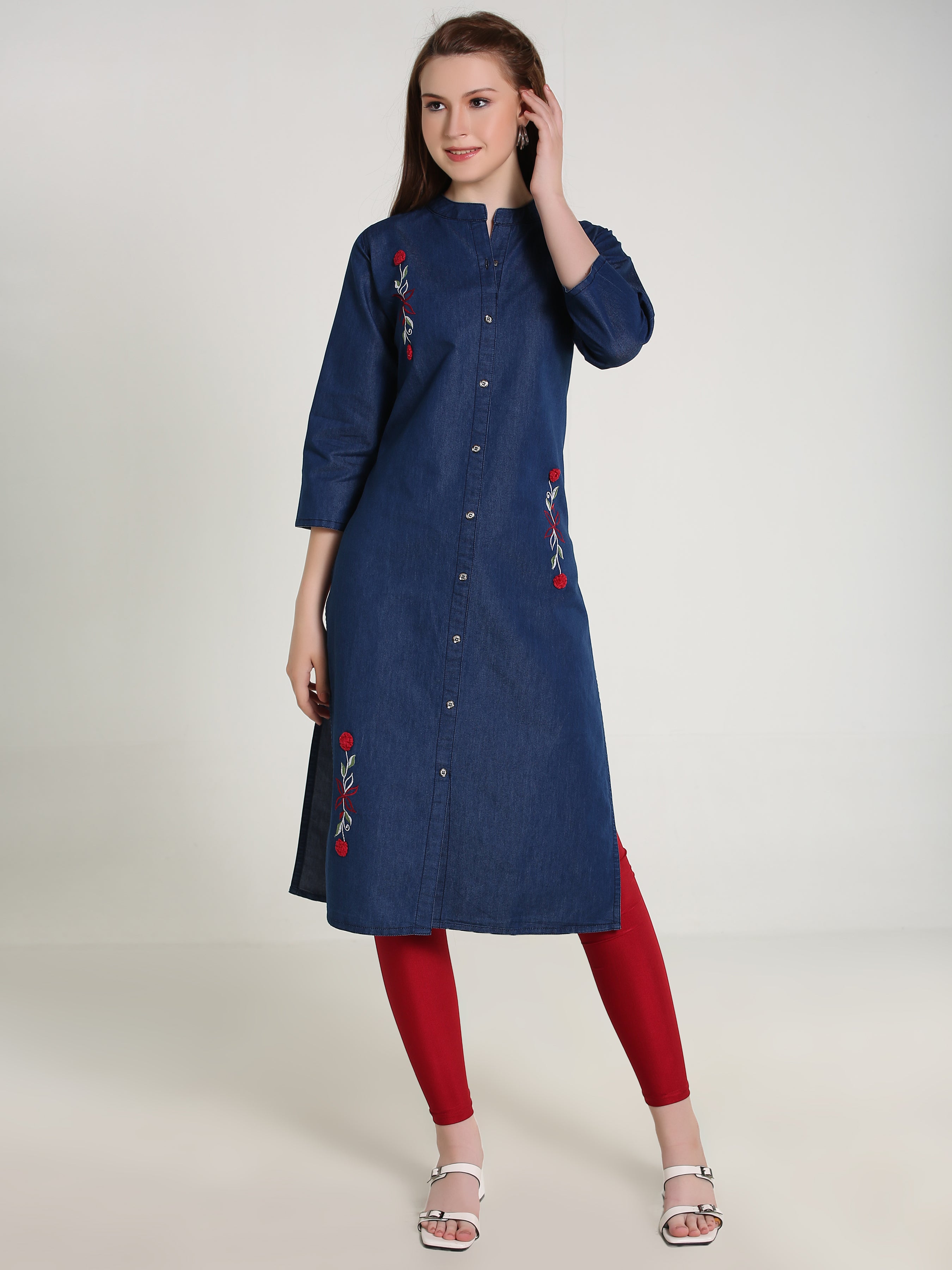 Denim Flower Embroidered Front Slit  Mandarine Collar Kurta
