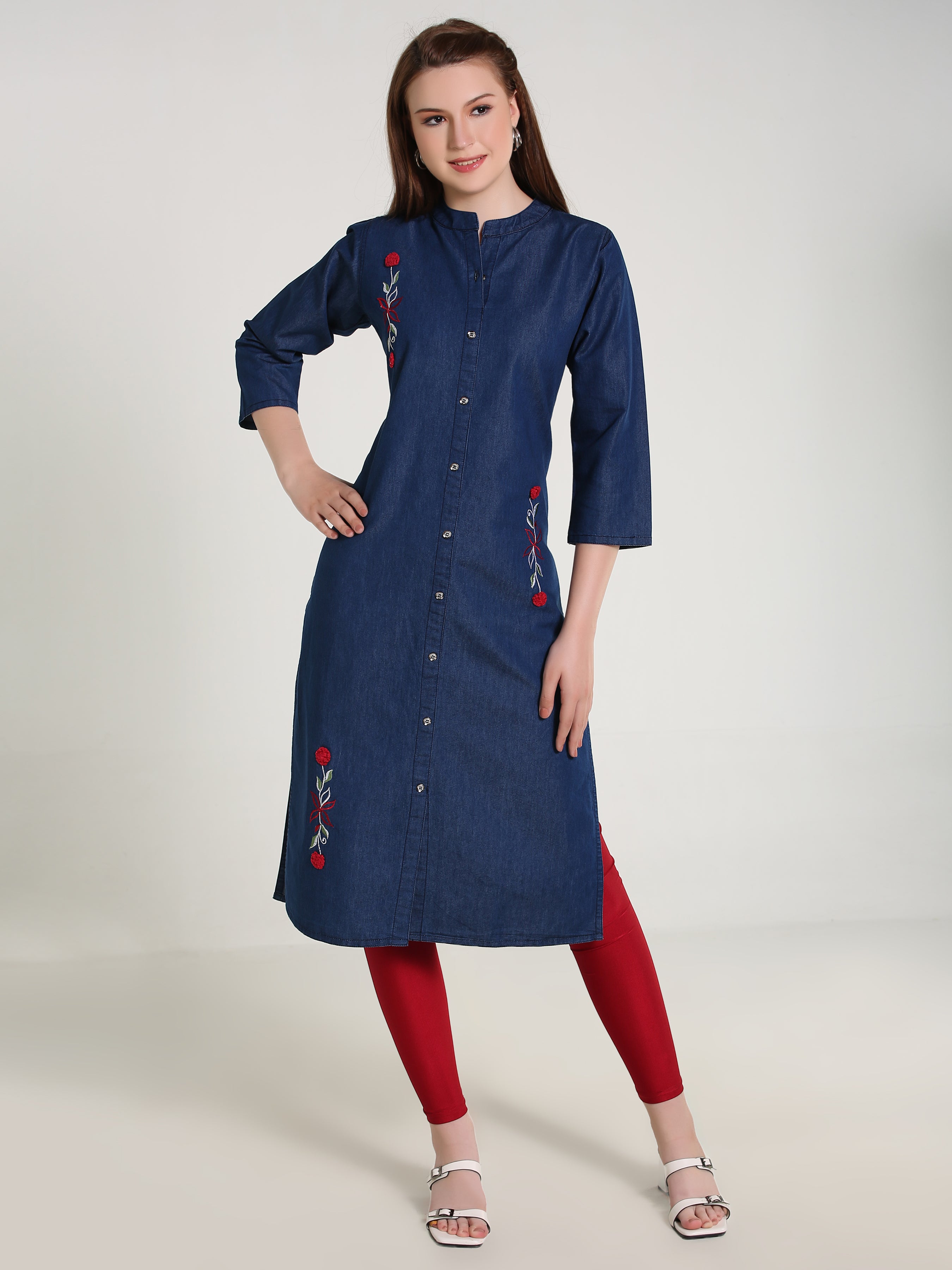 Denim Flower Embroidered Front Slit  Mandarine Collar Kurta